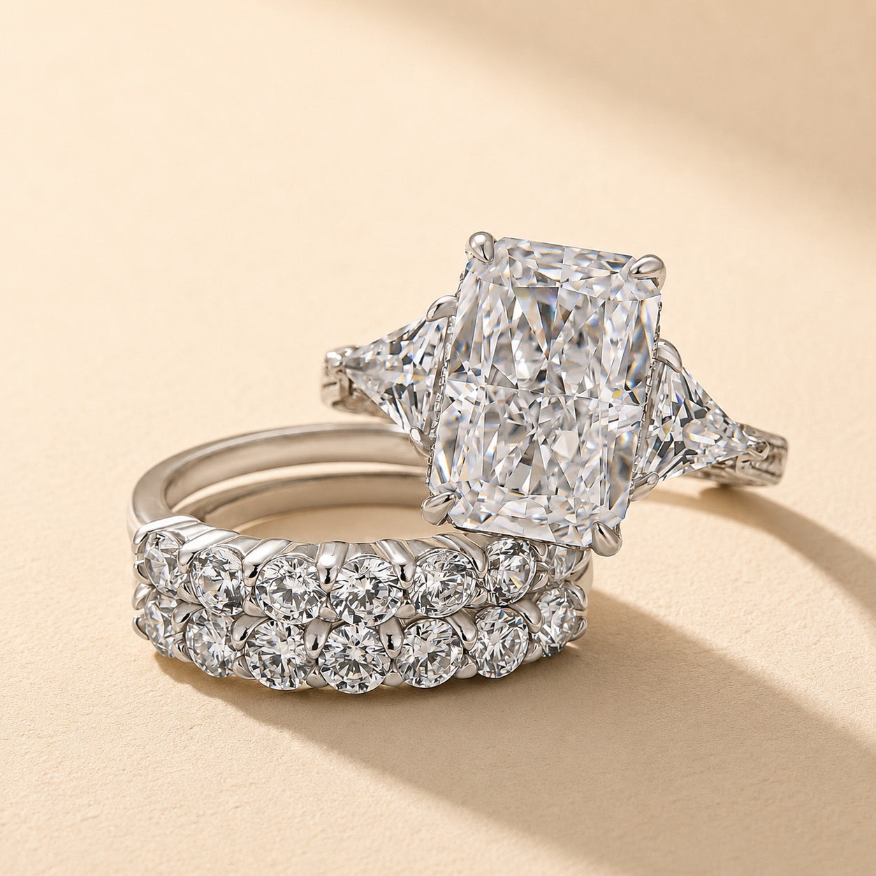S925 3PC 5.0Ct Radiant Cut Wedding Ring Set White Gold Side Stone Engagement Rings With 2PC Pavé Wedding Band
