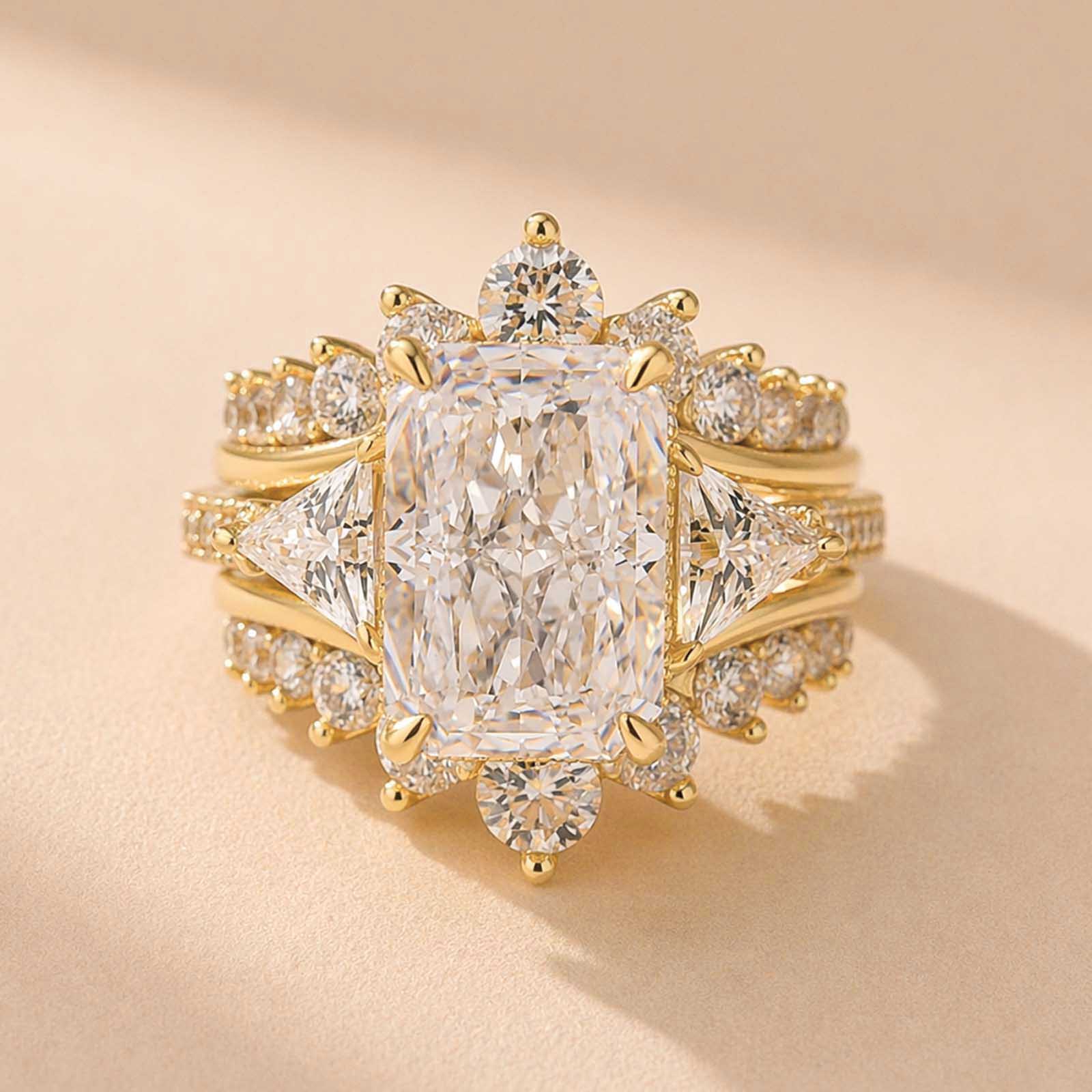 S925 5.0Ct Radiant Cut Wedding Ring Set Gold Plated Side Stone Engagement Rings With Pavé Jacket Wedding Band
