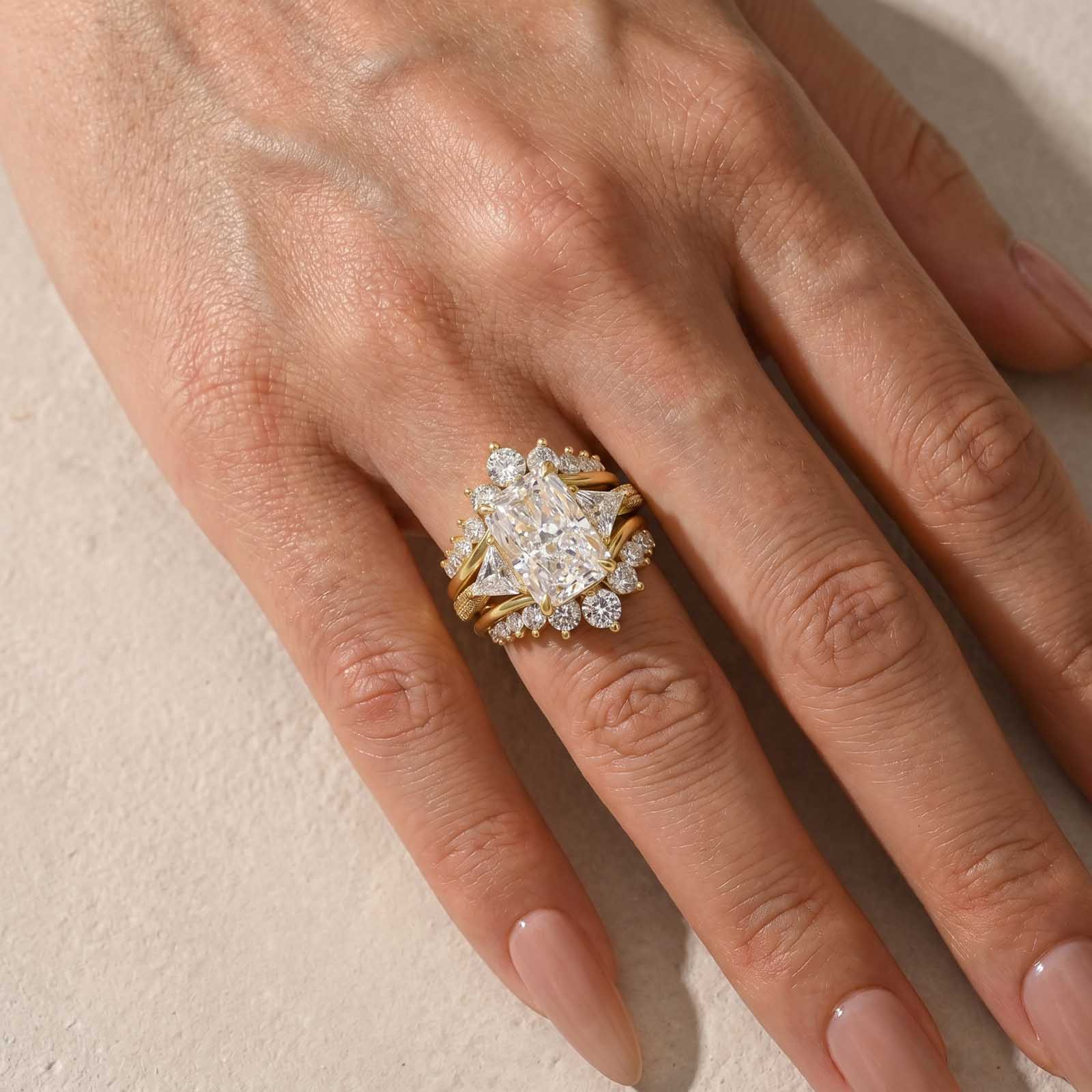 S925 5.0Ct Radiant Cut Wedding Ring Set Gold Plated Side Stone Engagement Rings With Pavé Jacket Wedding Band