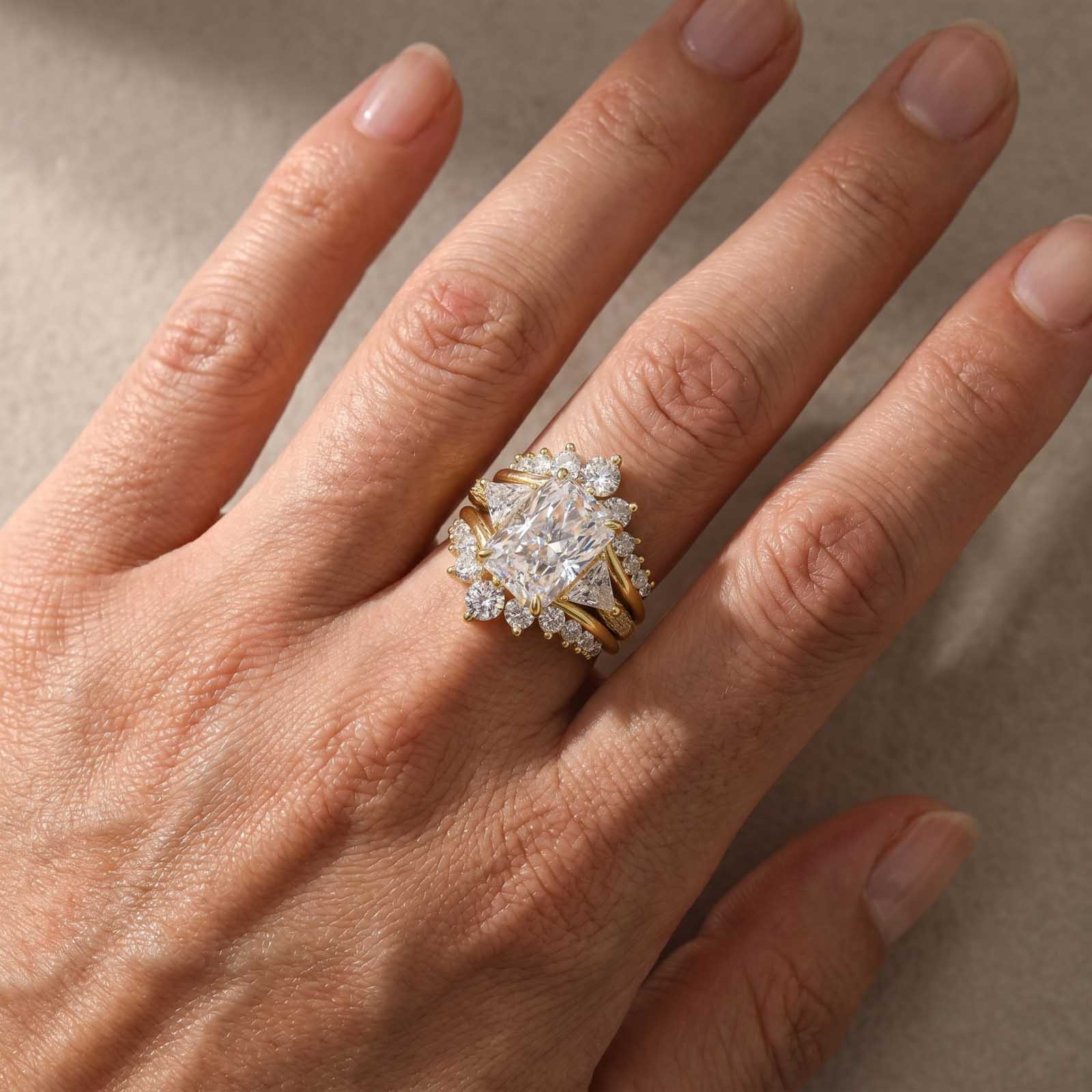 S925 5.0Ct Radiant Cut Wedding Ring Set Gold Plated Side Stone Engagement Rings With Pavé Jacket Wedding Band