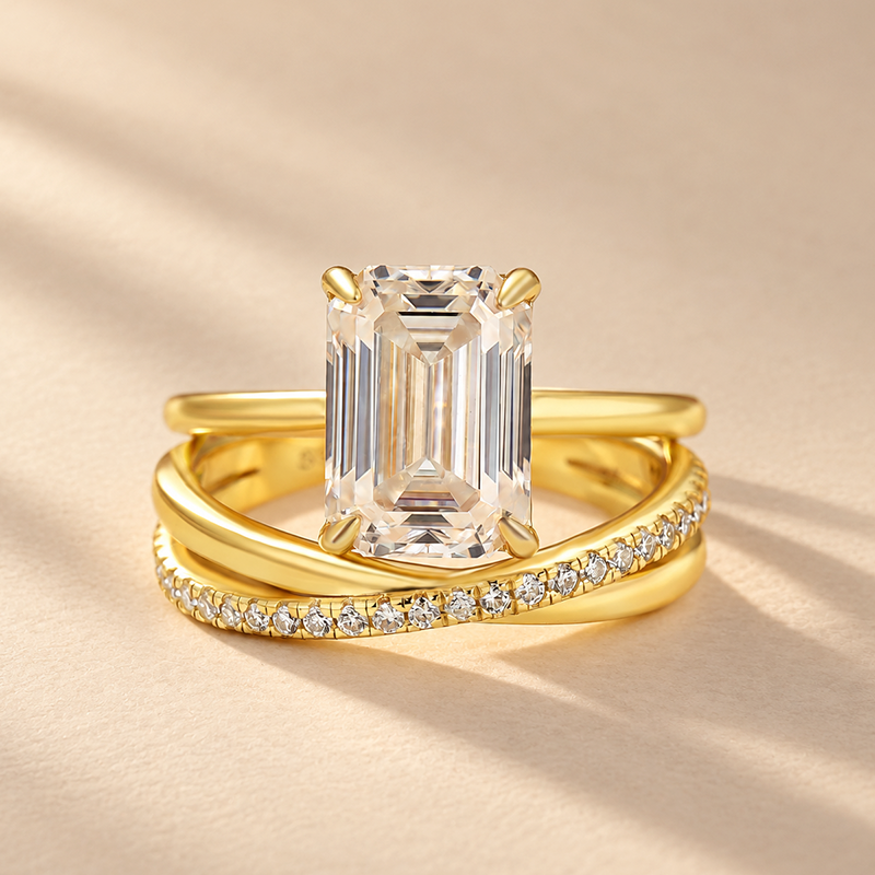 S925 2PC Moissanite 3.5 Carat Emerald Cut Solitaire Yellow Gold Wedding Ring Set For Women