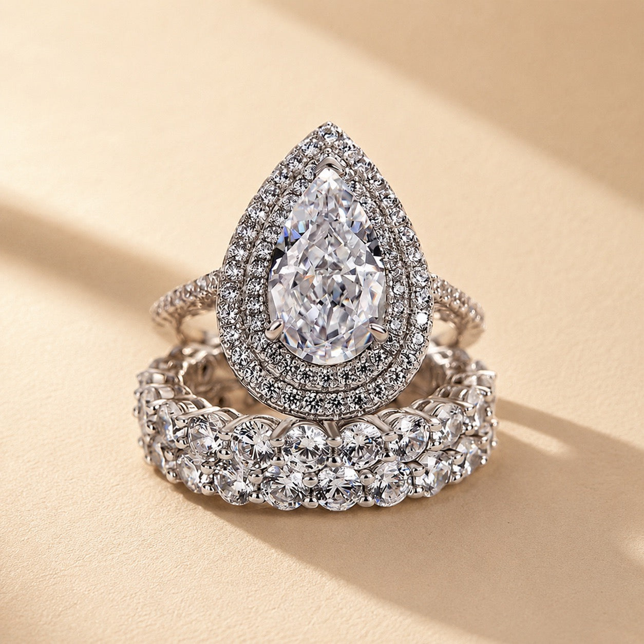 S925 2.5Ct Pear Cut Eternity Double Halo Pear Cut 3PC Wedding Set In Sterling Silver