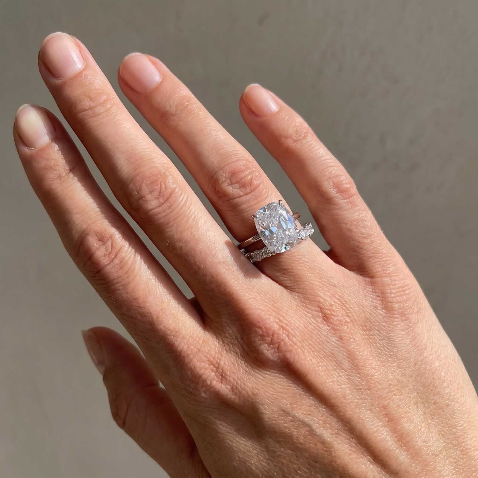 S925 8.5Ct Cushion Cut Hidden Halo Engagement Ring & Open Eternity Wedding Band Bridal Ring Sets