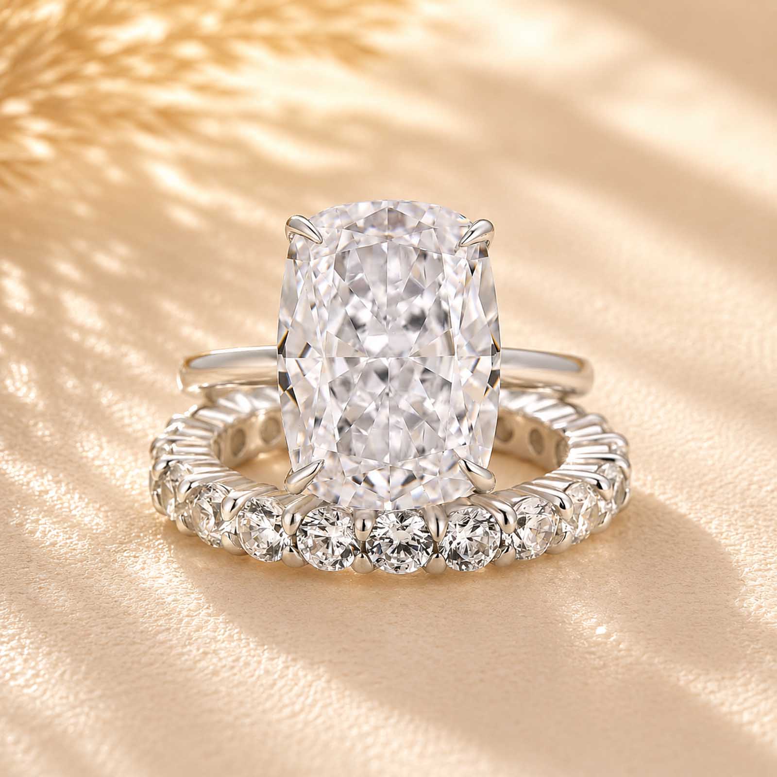S925 8.5Ct Cushion Cut Hidden Halo Engagement Ring & Open Eternity Wedding Band Bridal Ring Sets