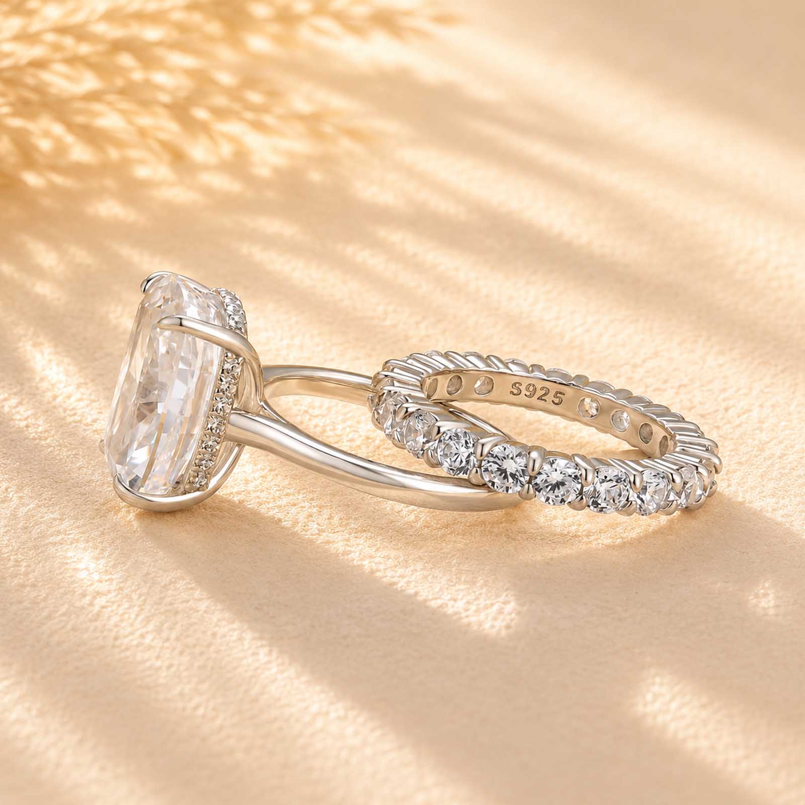 S925 8.5Ct Cushion Cut Hidden Halo Engagement Ring & Open Eternity Wedding Band Bridal Ring Sets