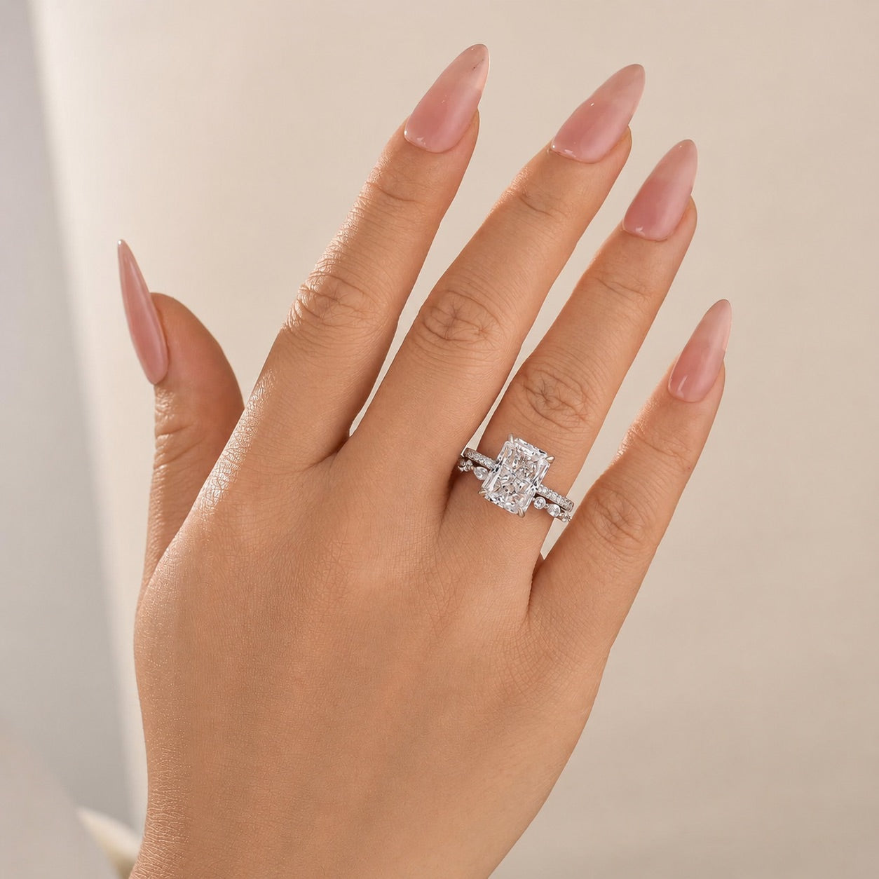 S925 4.5Ct Radiant Cut Hidden Halo Wedding Set Brilliance in Every Angle Stackable RIngs