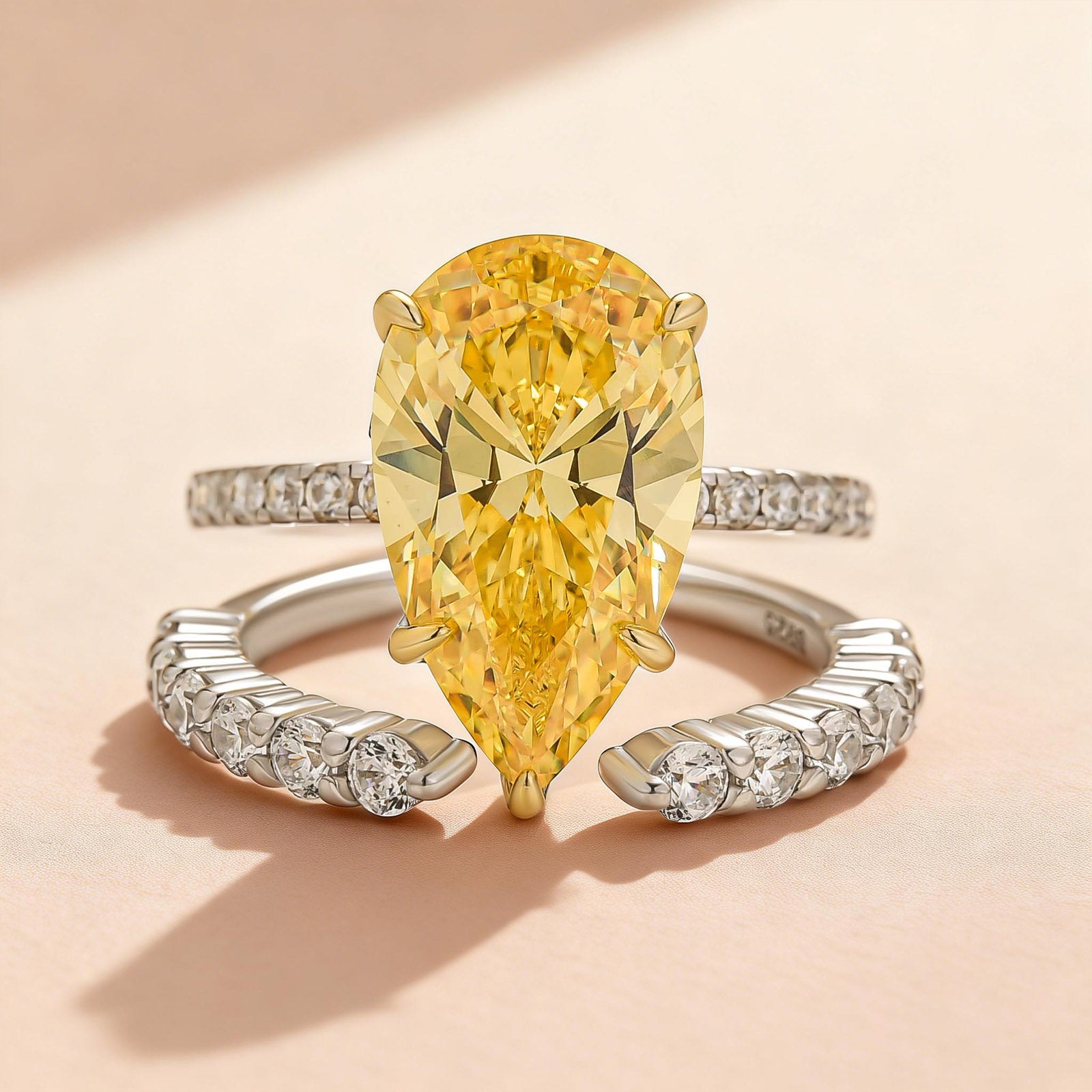 S925 4.5Ct Two-Tone Pear Cut Engagement Ring with Opened Wedding Ring - louilyjewelry