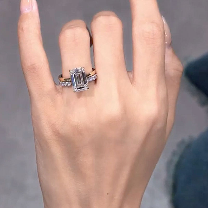 2PC 5.0Ct Solitaire Emerald Cut Wedding Ring Set with Open Wedding Band