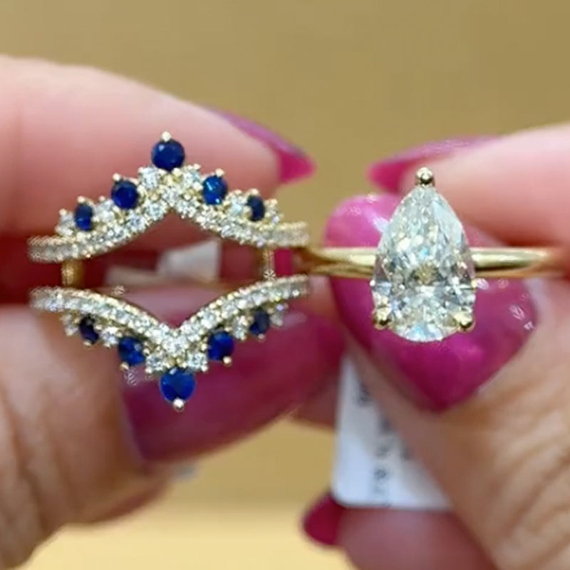 2PC Enhancer Wedding Sets 4.0Ct Pear Cut Yellow Gold Engagement Ring with Blue & White Stone Enhancer Wedding Band