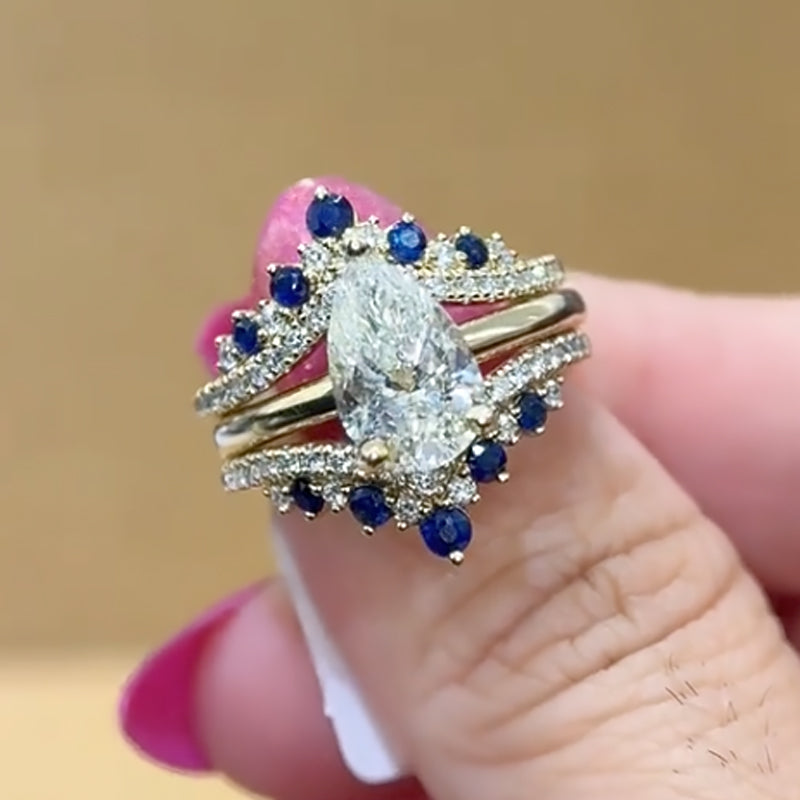 2PC Enhancer Wedding Sets 4.0Ct Pear Cut Yellow Gold Engagement Ring with Blue & White Stone Enhancer Wedding Band