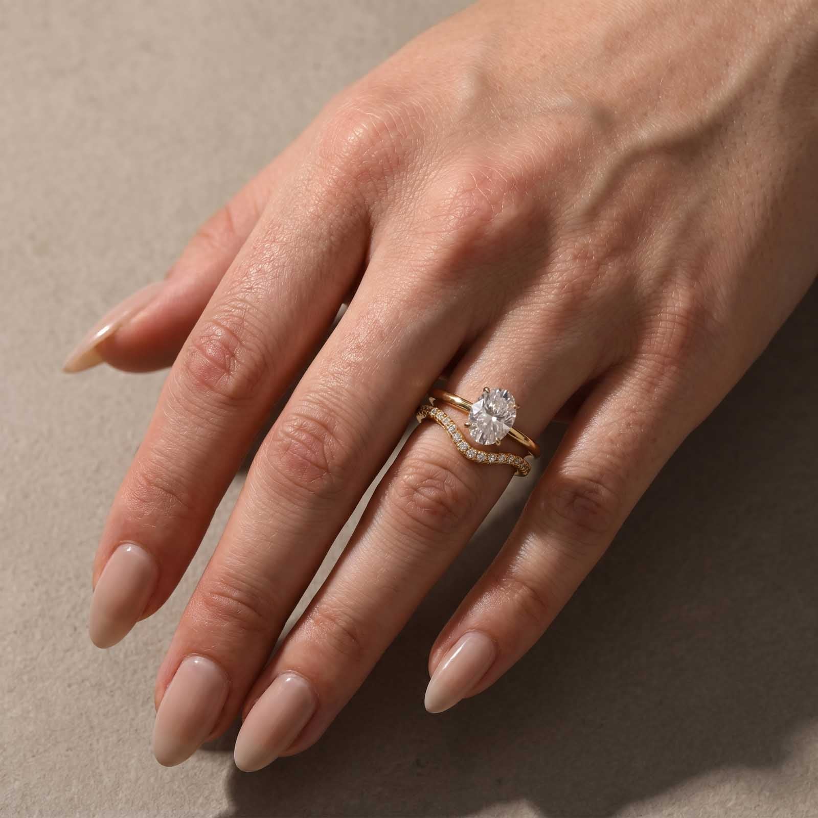 S925 Moissanite 2Ct Oval Cut Solitaire V Shape Pave Nest Two Piece 18K Yellow Gold Plated Bridal Ring Set