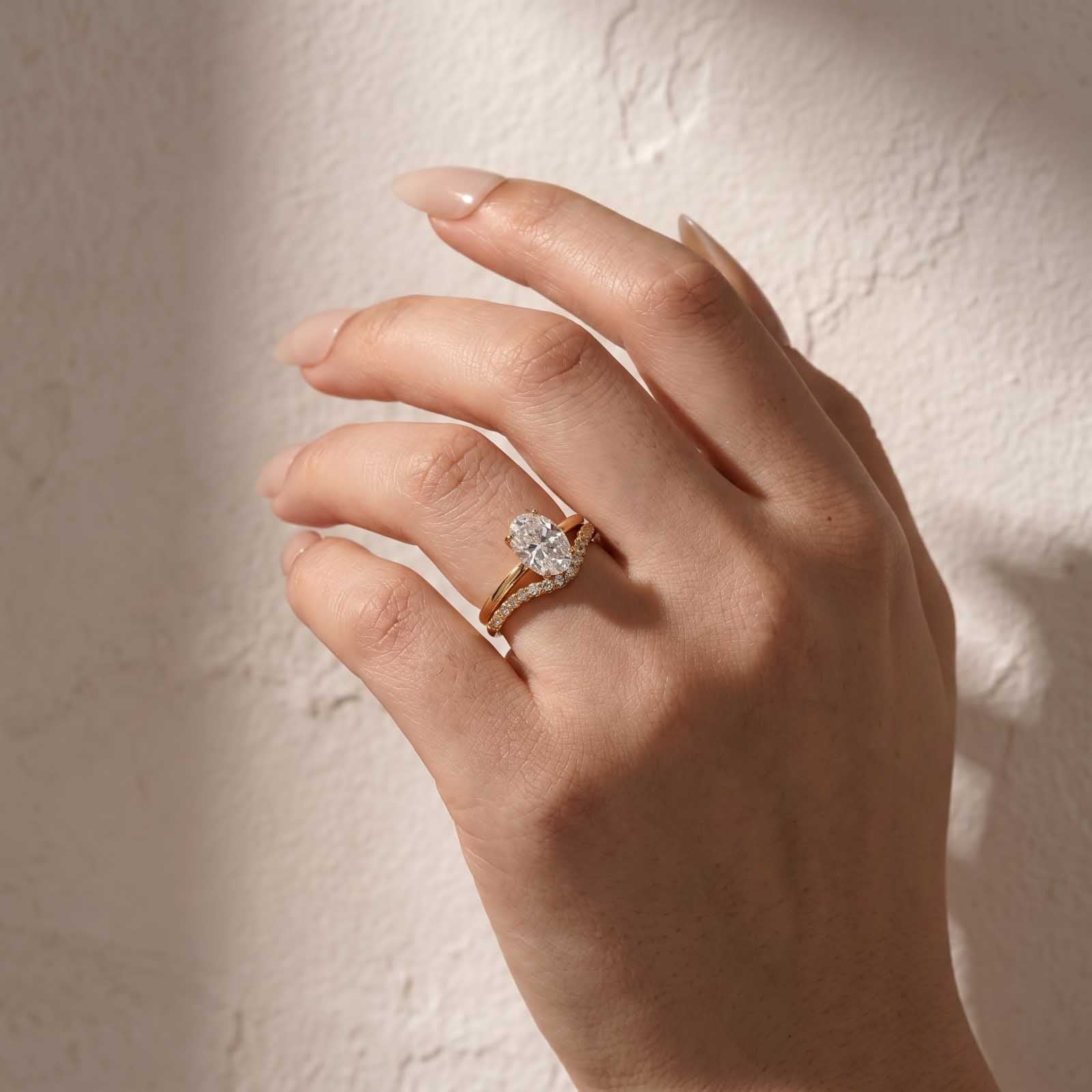 S925 Moissanite 2Ct Oval Cut Solitaire V Shape Pave Nest Two Piece 18K Yellow Gold Plated Bridal Ring Set