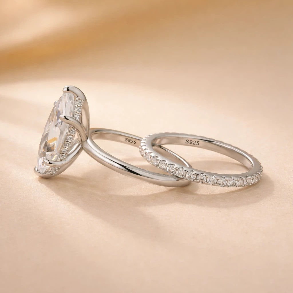 S925 2PC 4.0Ct Solitaire Marquise Cut Engagement Ring with Pave Band