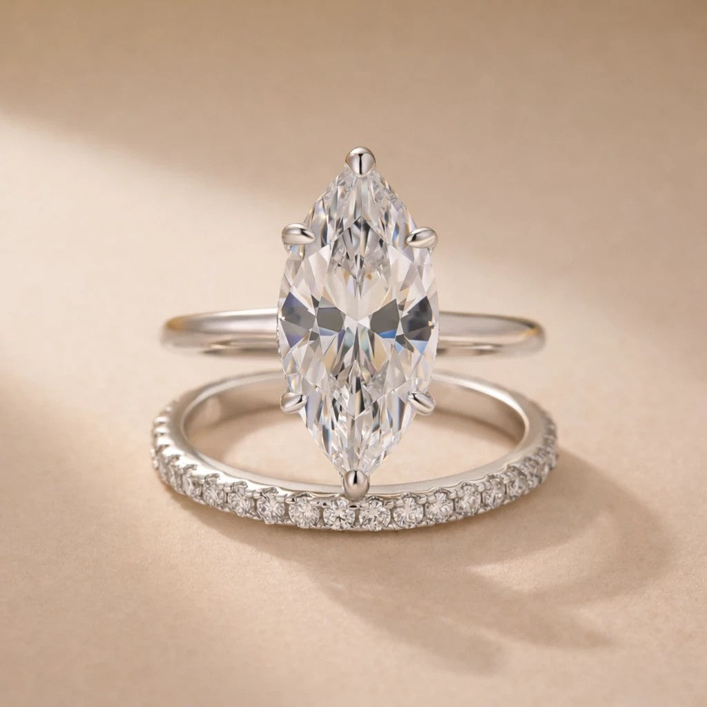 S925 2PC 4.0Ct Solitaire Marquise Cut Engagement Ring with Pave Band