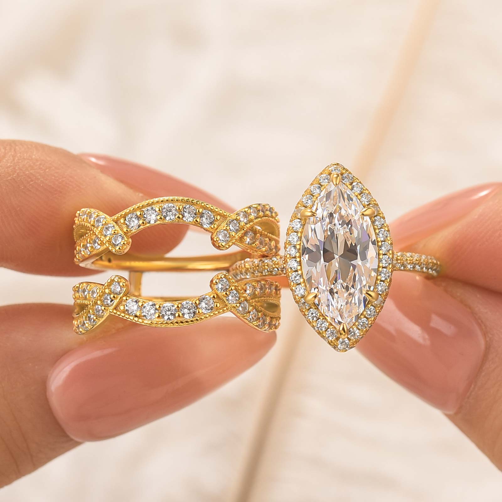 S925 3.0Ct Halo Marquise Cut Engagement Ring with Enhancer Wedding Ring - louilyjewelry