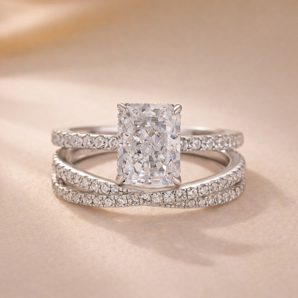 S925 3.5Ct Radiant Cut Engagement Ring in Sterling Silver with Classic X Criss Cross Wedding Band