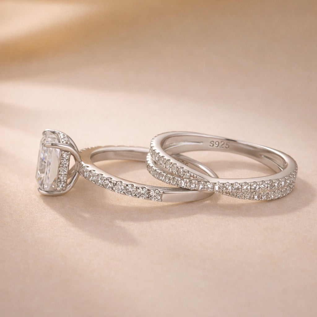 S925 3.5Ct Radiant Cut Engagement Ring in Sterling Silver with Classic X Criss Cross Wedding Band