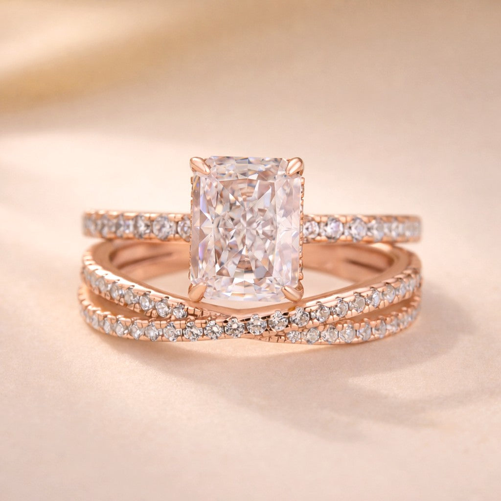S925 3.5Ct Radiant Cut Engagement Ring in Sterling Silver with Classic X Criss Cross Wedding Band