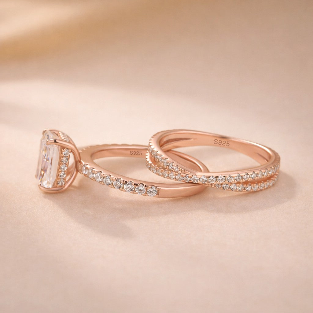 S925 3.5Ct Radiant Cut Engagement Ring in Sterling Silver with Classic X Criss Cross Wedding Band
