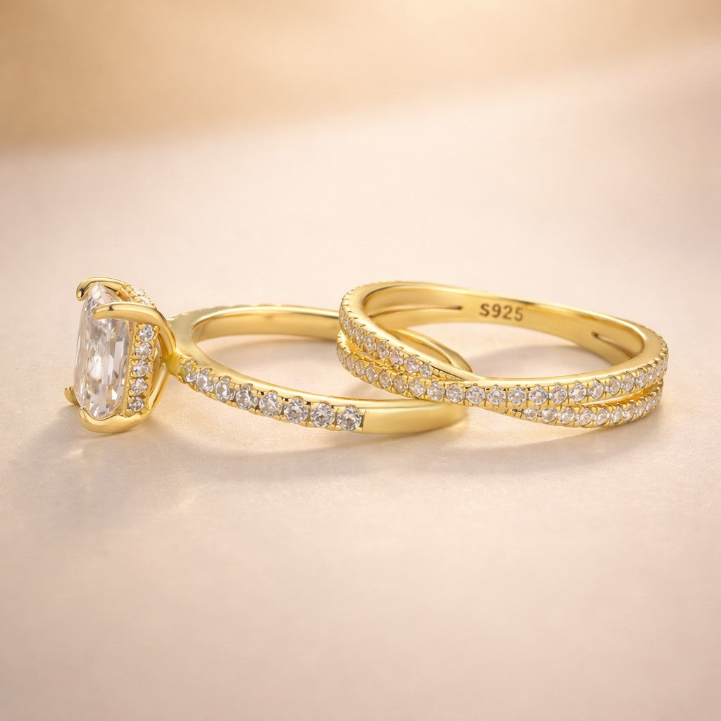 S925 3.5Ct Radiant Cut Engagement Ring in Sterling Silver with Classic X Criss Cross Wedding Band