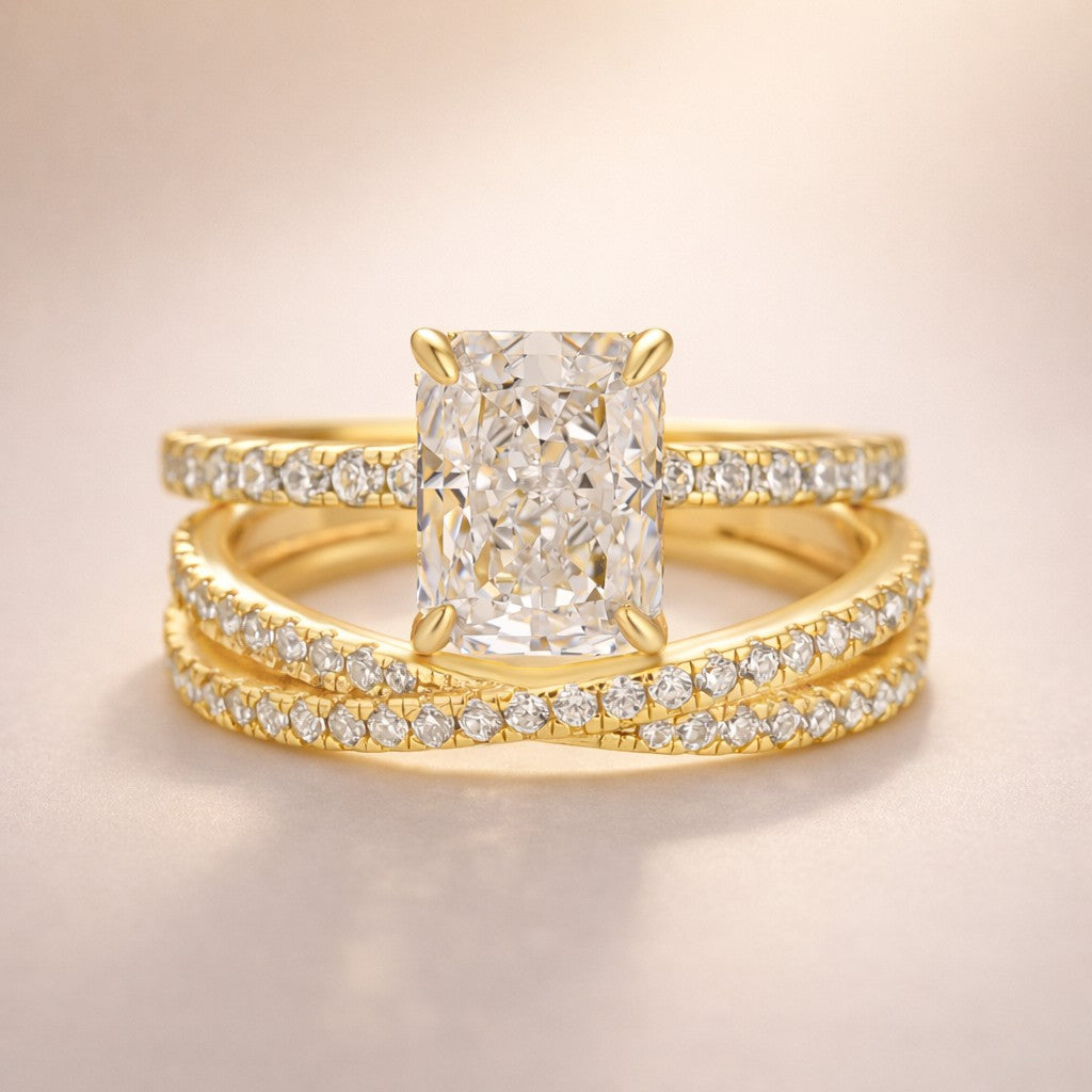 S925 3.5Ct Radiant Cut Engagement Ring in Sterling Silver with Classic X Criss Cross Wedding Band