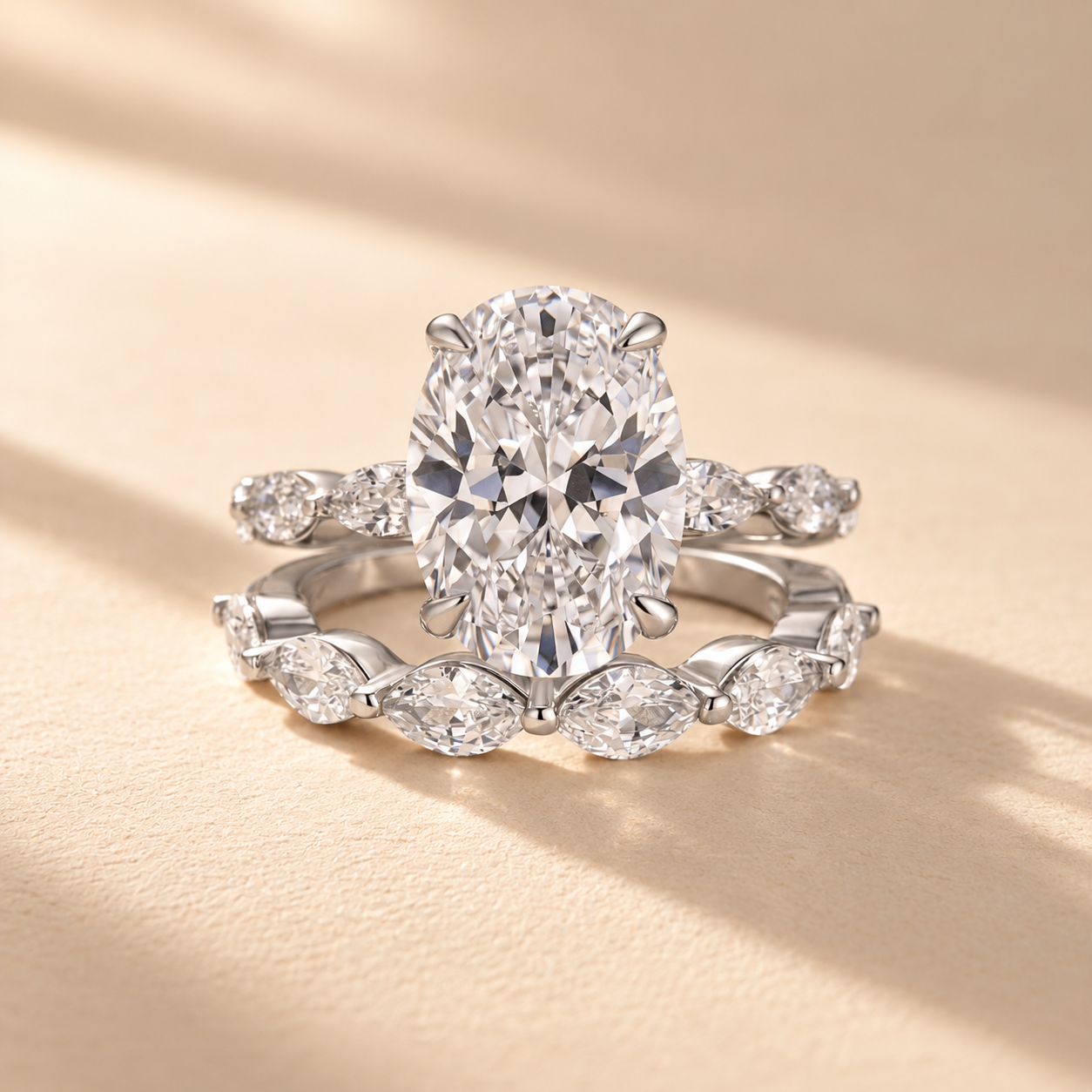 S925 2PC Wedding Ring Set 4.5Ct Oval Cut Engagement Ring With Marquise Cut Full Wedding Band