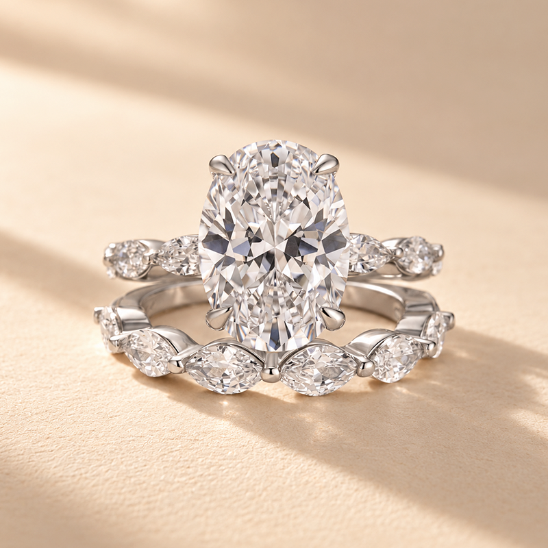 S925 2PC Wedding Ring Set 4.5Ct Oval Cut Engagement Ring With Marquise Cut Full Wedding Band