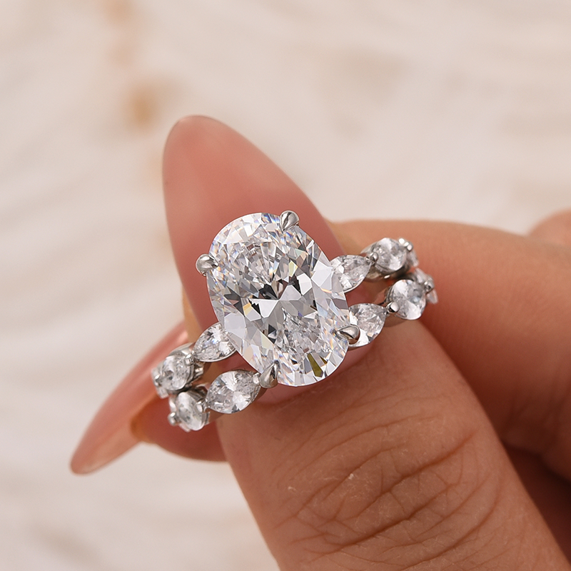 S925 2PC Wedding Ring Set 4.5Ct Oval Cut Engagement Ring With Marquise Cut Full Wedding Band