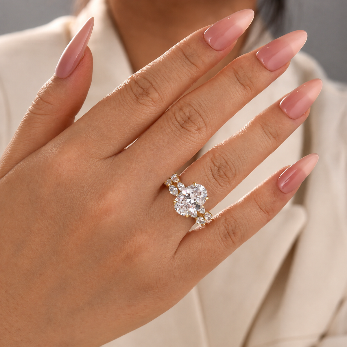 S925 2PC Wedding Ring Set 4.5Ct Oval Cut Engagement Ring With Marquise Cut Full Wedding Band