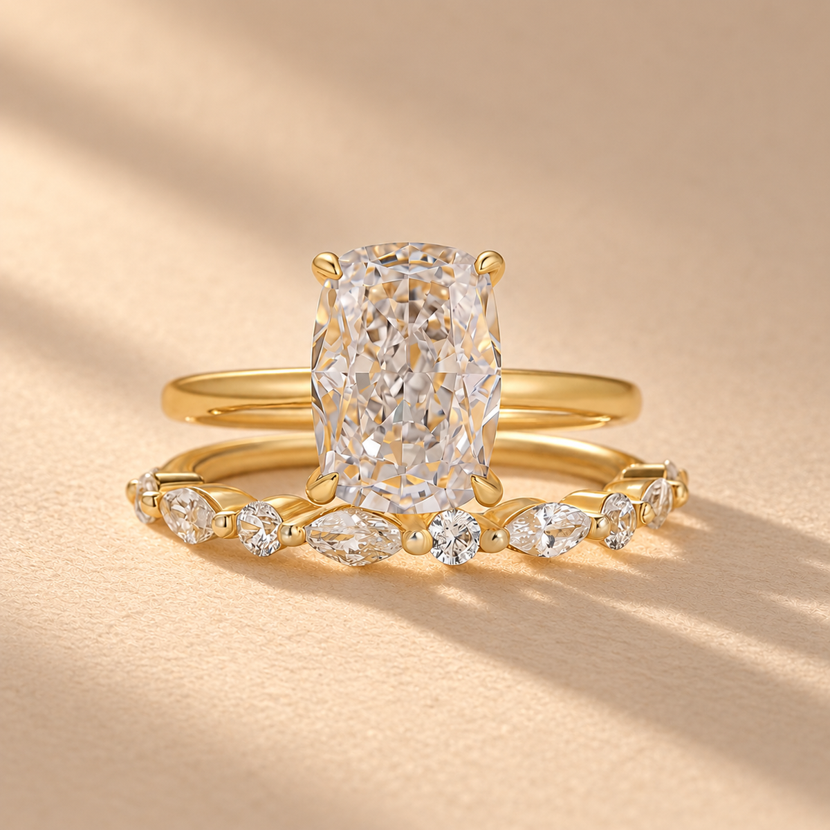 S925 2PC 3.0Ct Cushion Cut Yellow Gold Engagement Ring Set with Marquise & Round Cut Band
