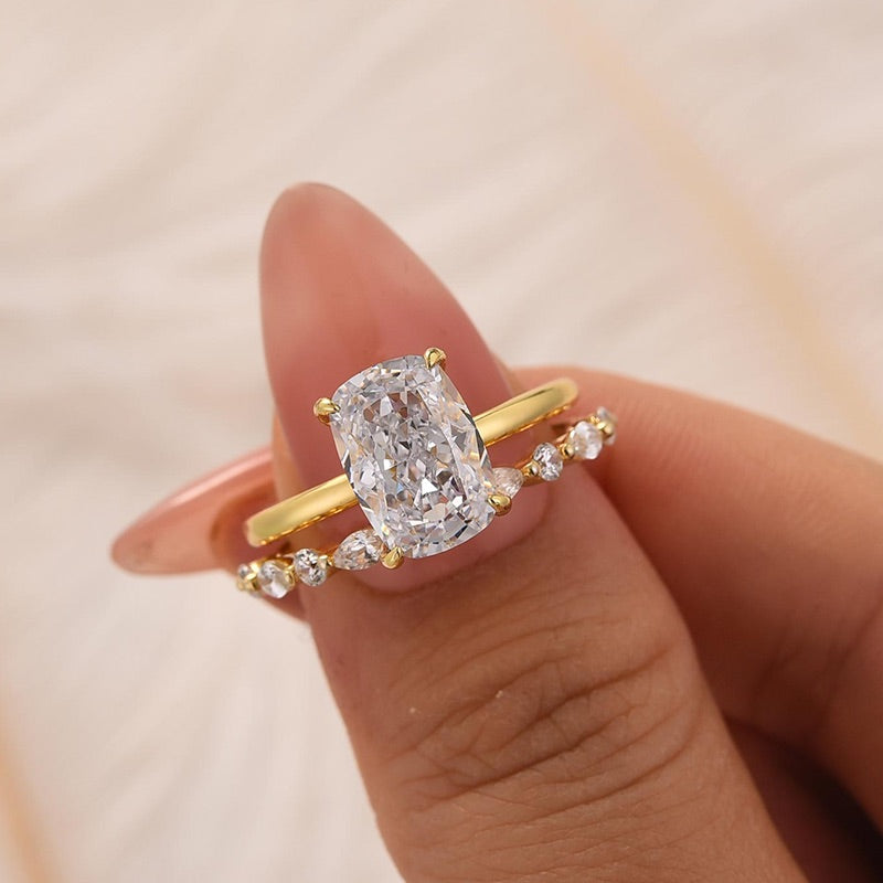 S925 2PC 3.0Ct Cushion Cut Yellow Gold Engagement Ring Set with Marquise & Round Cut Band