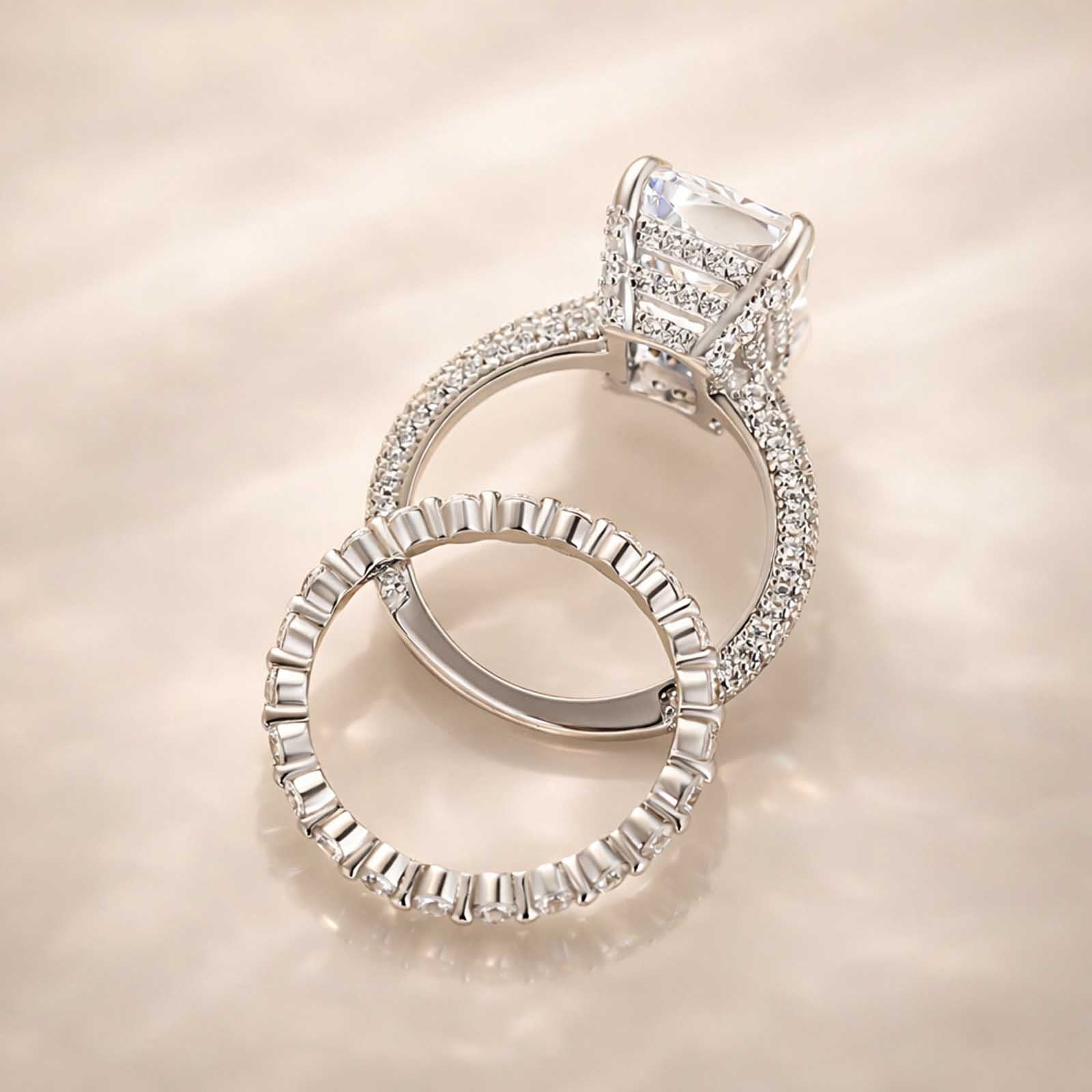 S925 7.0Ct Radiant Cut Rings Engagement Ring with Classic Full Round Cut Wedding Band Stackable Ring Set