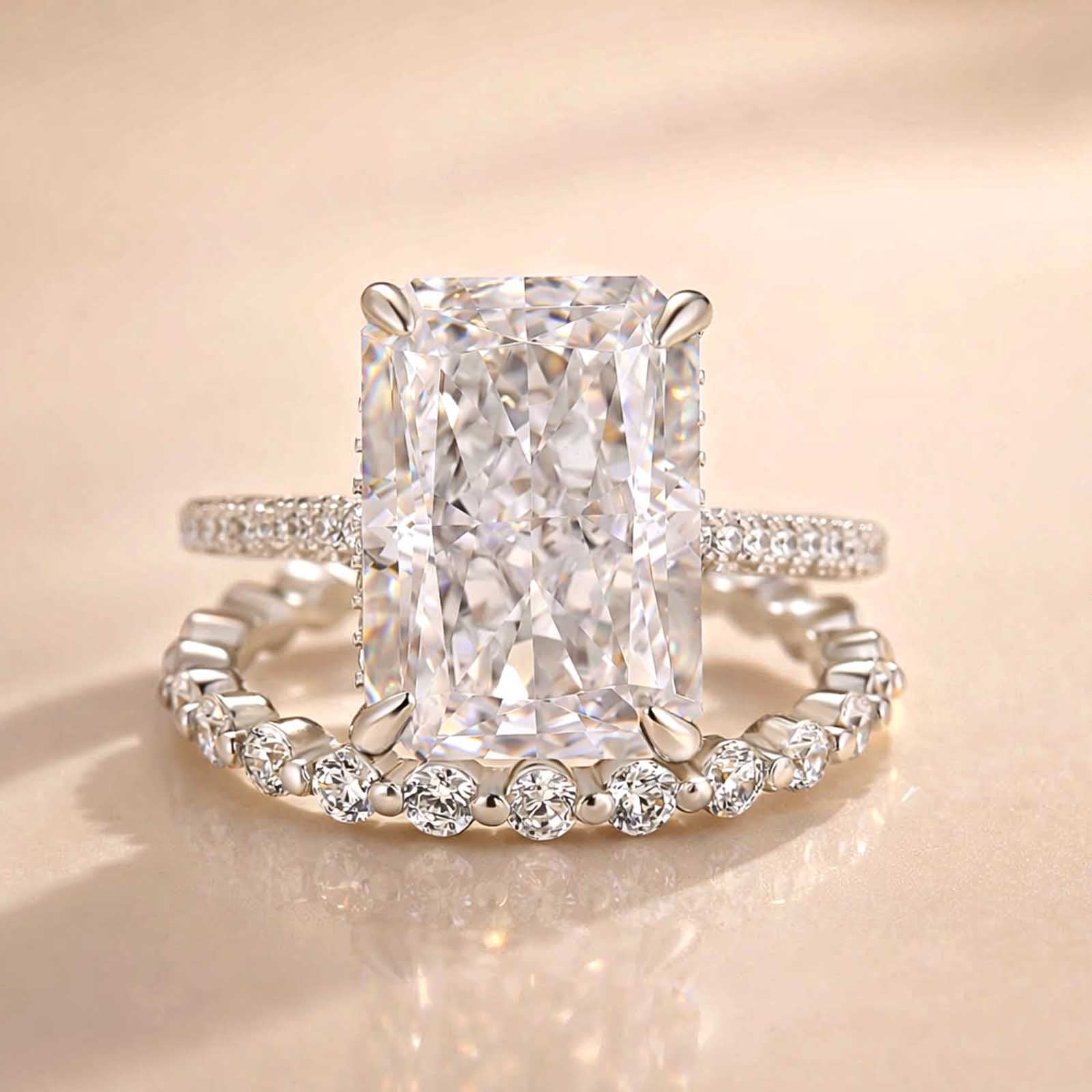 S925 7.0Ct Radiant Cut Rings Engagement Ring with Classic Full Round Cut Wedding Band Stackable Ring Set