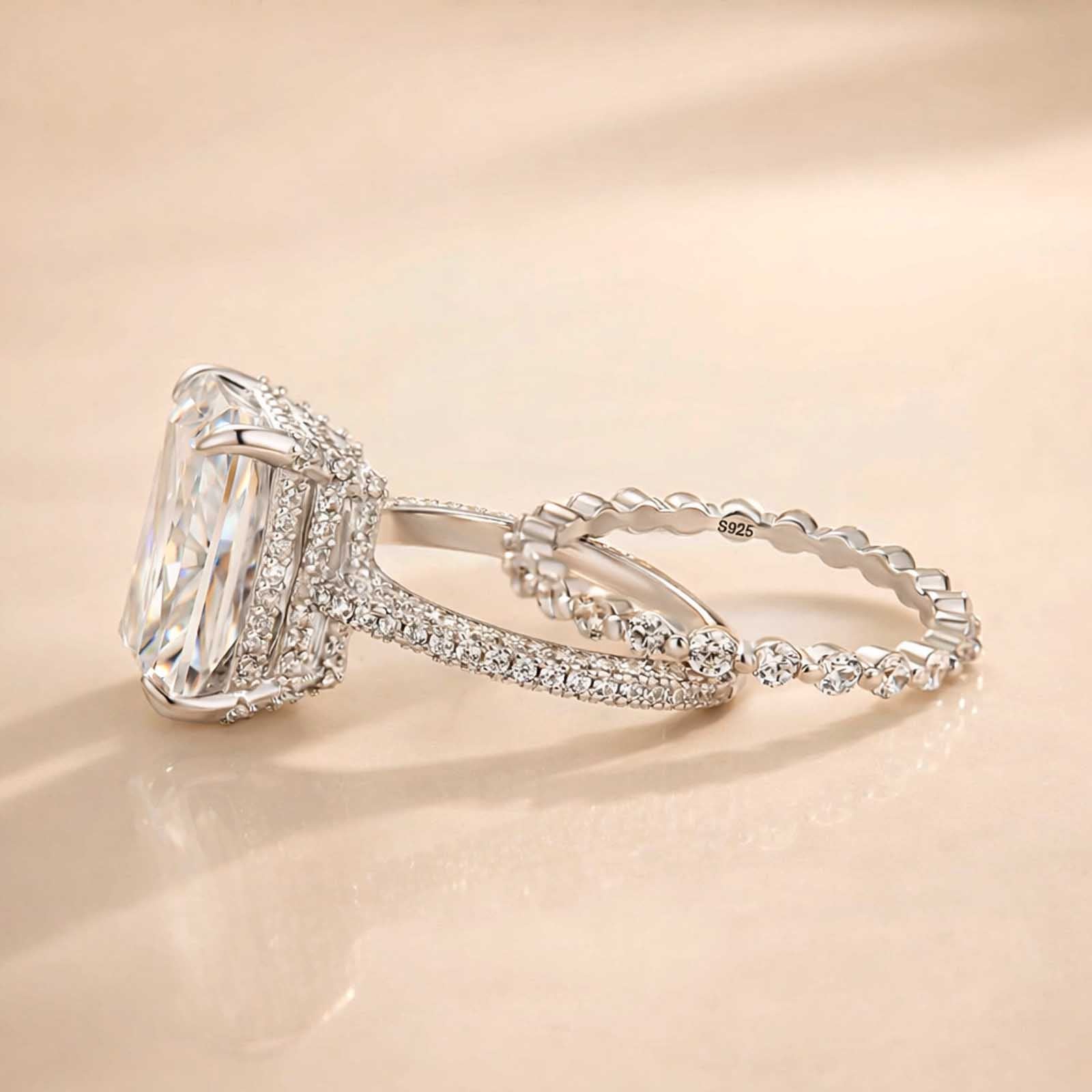 S925 7.0Ct Radiant Cut Rings Engagement Ring with Classic Full Round Cut Wedding Band Stackable Ring Set