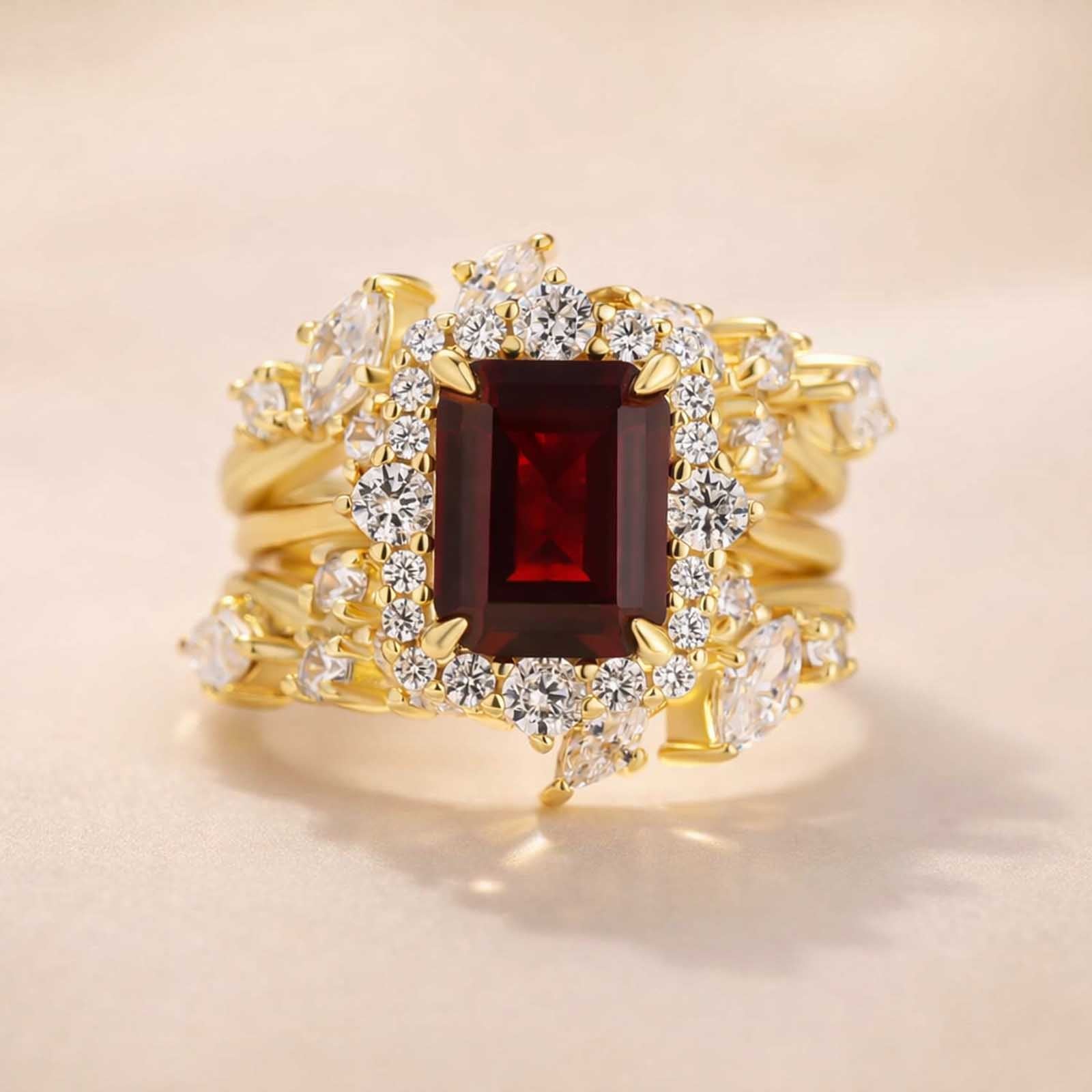 S925 Halo 3.0Ct Green/Red Emerald Cut Engagement Ring with 1.5Ct Open Enhancer Wedding Band Stackable Ring Set