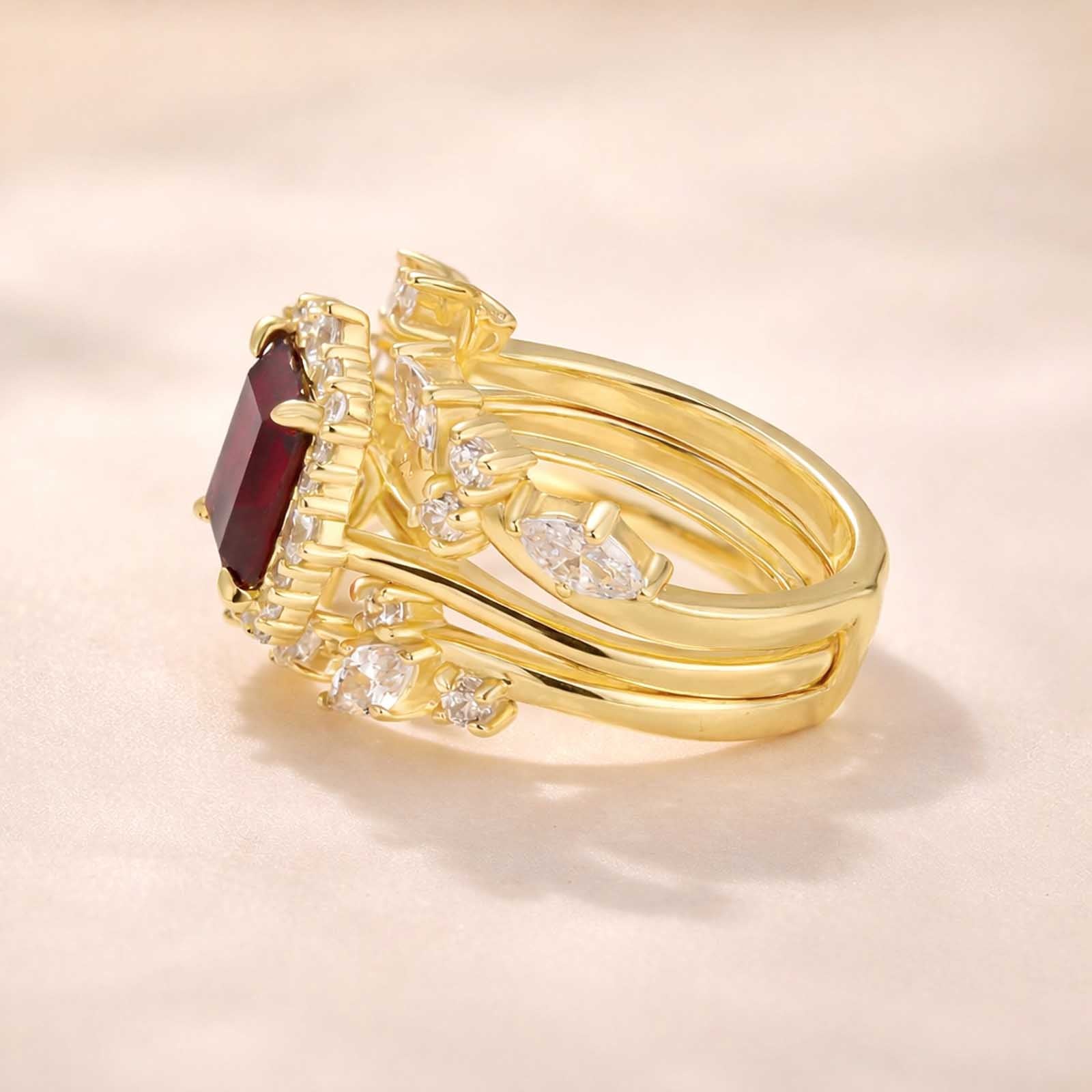 S925 Halo 3.0Ct Green/Red Emerald Cut Engagement Ring with 1.5Ct Open Enhancer Wedding Band Stackable Ring Set