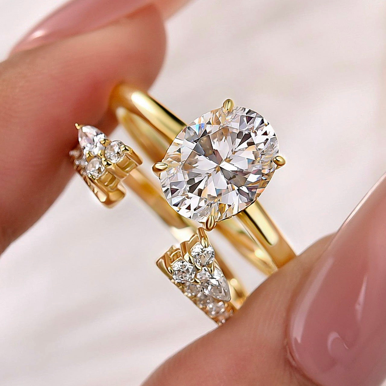 S925 2.0Ct Oval Cut Hidden Halo 2PC Stackable Enhancer Ring Sets in Sterling Silver
