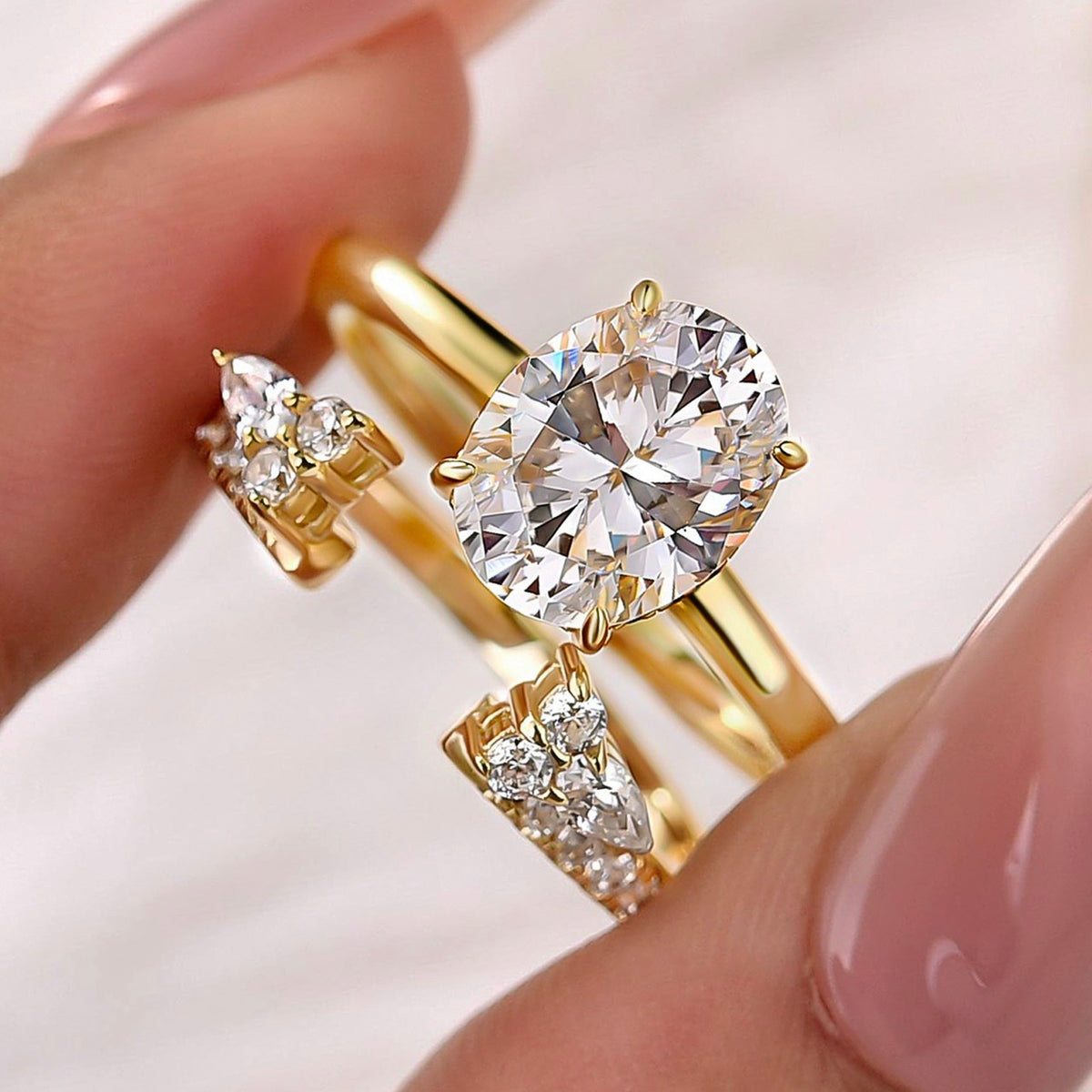 S925 2.0Ct Oval Cut Hidden Halo 2PC Stackable Enhancer Ring Sets in Sterling Silver