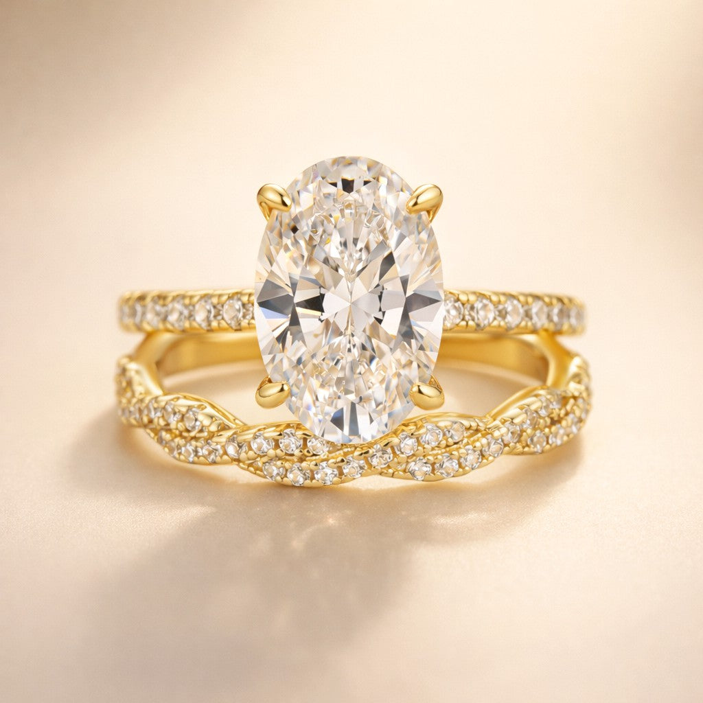 S925 4.0Ct Oval Cut Engagement Ring in Sterling Silver with Elegant Pave Twist Eternity Wedding Band