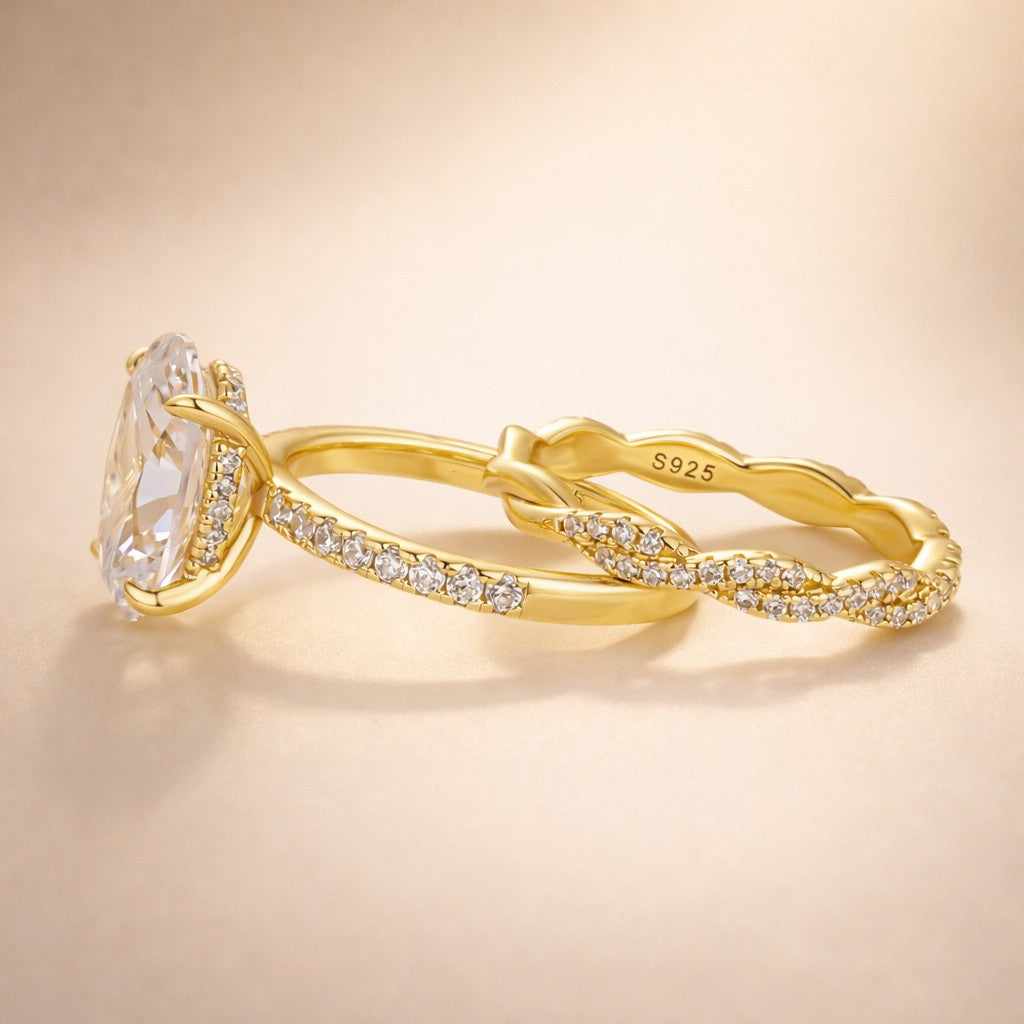 S925 4.0Ct Oval Cut Engagement Ring in Sterling Silver with Elegant Pave Twist Eternity Wedding Band