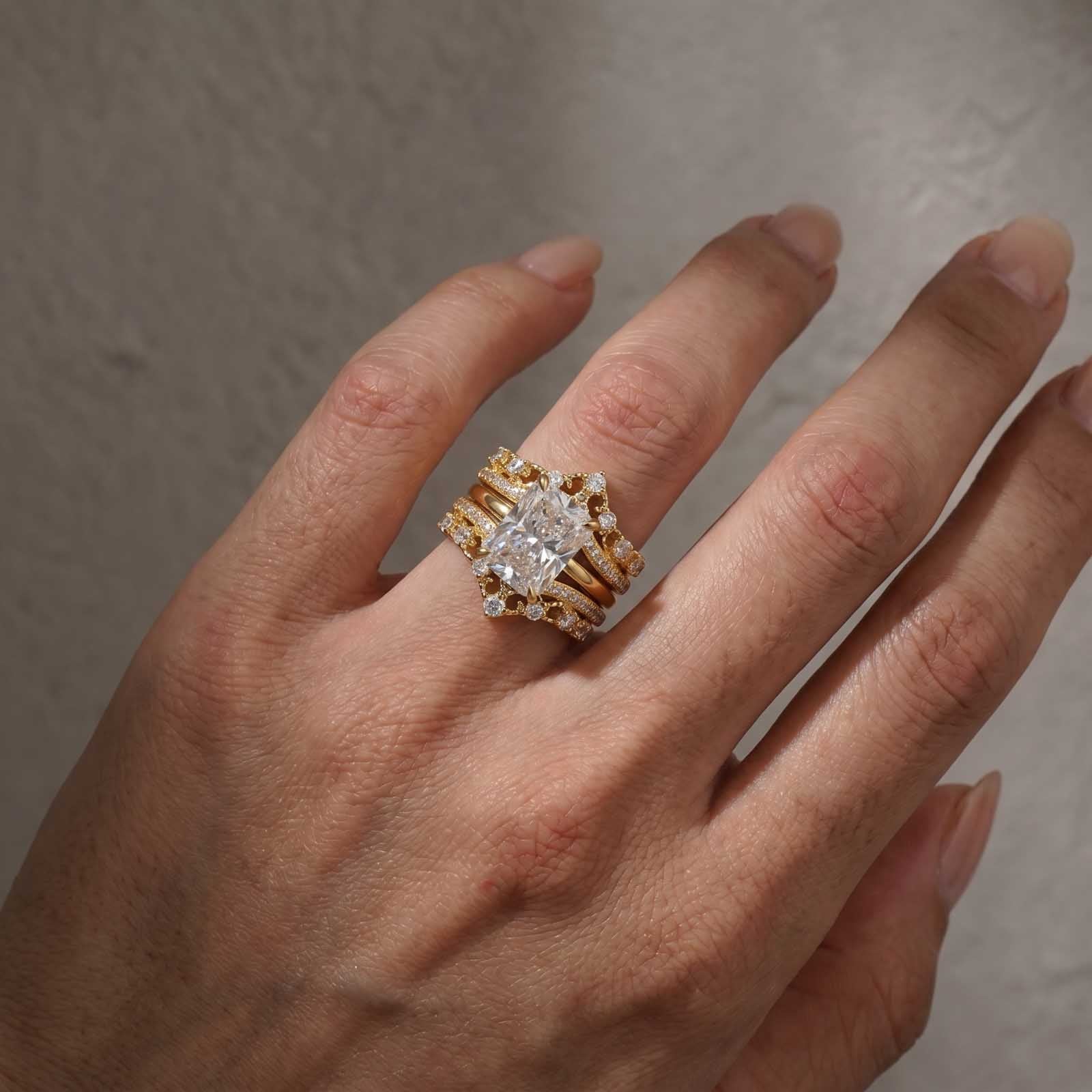 S925 4.5Ct Classic Radiant Cut Engagement Ring In Sterling Silver with Crown-Shaped Enhancer Wedding Band