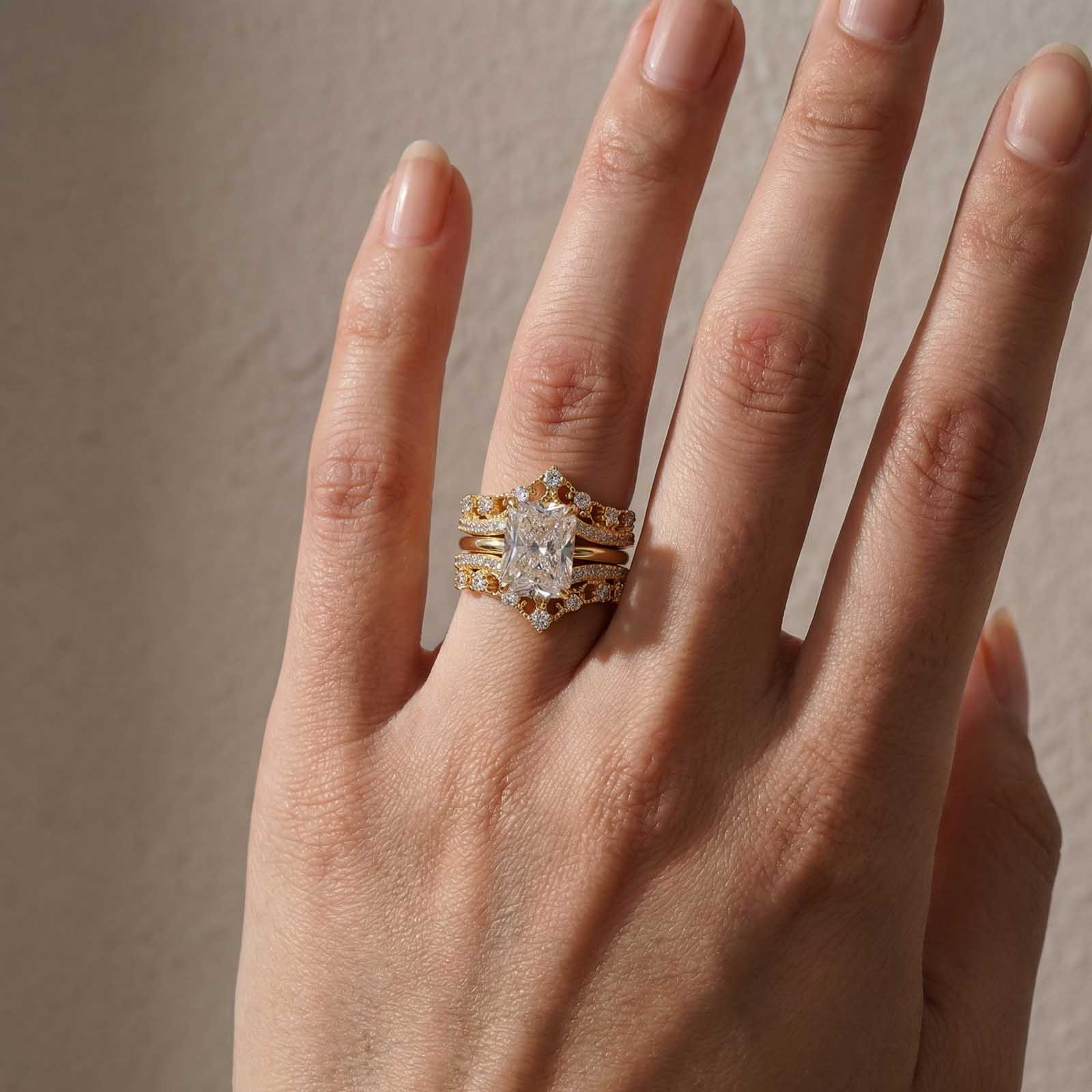 S925 4.5Ct Classic Radiant Cut Engagement Ring In Sterling Silver with Crown-Shaped Enhancer Wedding Band