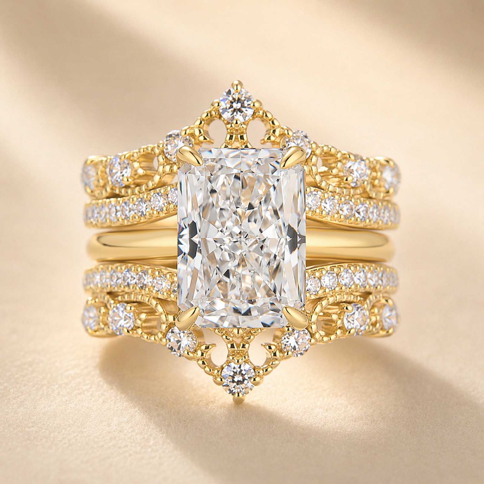 S925 4.5Ct Classic Radiant Cut Engagement Ring In Sterling Silver with Crown-Shaped Enhancer Wedding Band