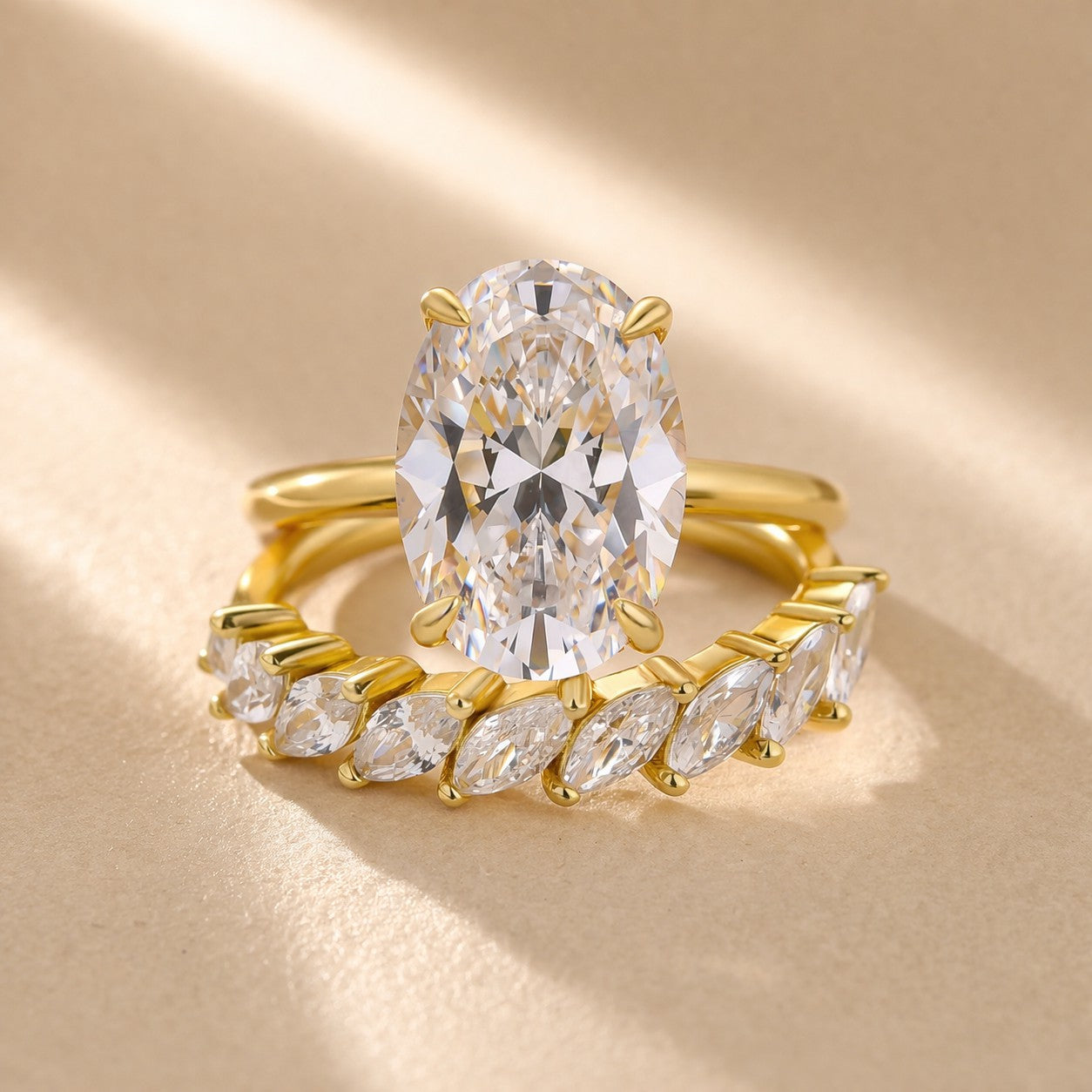 S925 4.5Ct Oval Cut Engagement Ring in Sterling Silver with Marquise Cut Half Wedding Band