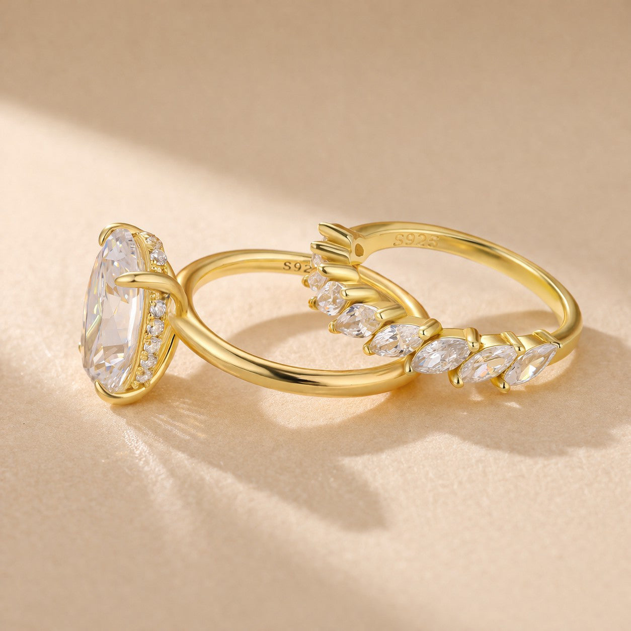 S925 4.5Ct Oval Cut Engagement Ring in Sterling Silver with Marquise Cut Half Wedding Band