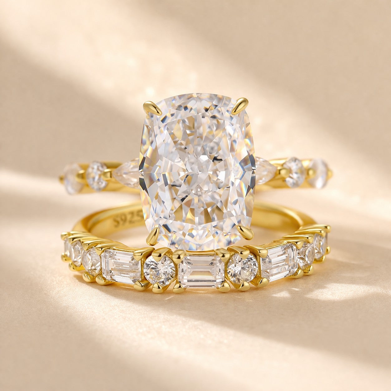 S925 Crushed Ice 5.0Ct Cushion Cut Engagement Ring in Sterling Silver with Wedding Band