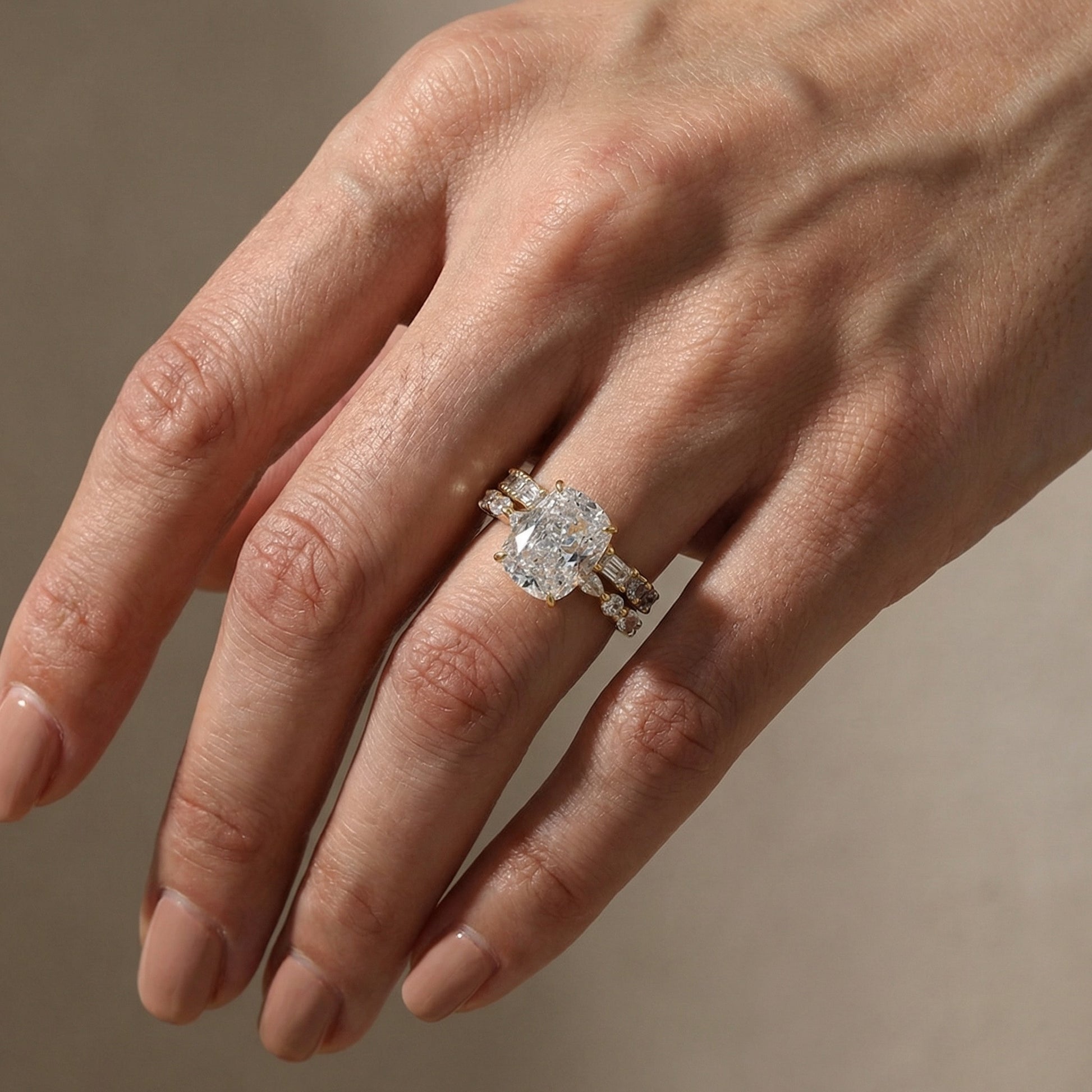 S925 Crushed Ice 5.0Ct Cushion Cut Engagement Ring in Sterling Silver with Wedding Band