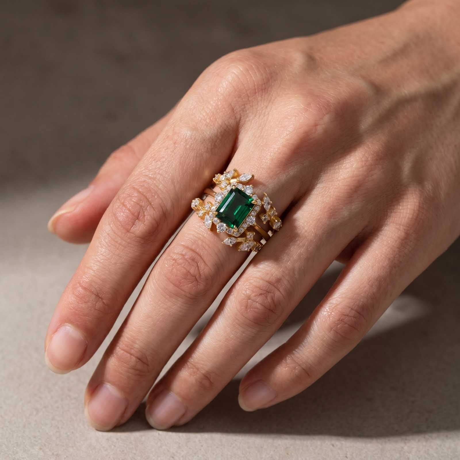 S925 Halo 3.0Ct Green/Red Emerald Cut Engagement Ring with 1.5Ct Open Enhancer Wedding Band Stackable Ring Set