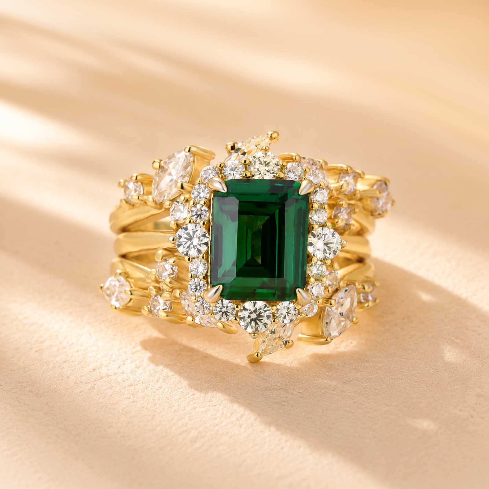 S925 Halo 3.0Ct Green Emerald Cut Engagement Ring with 1.5Ct Open Enhancer Wedding Band Stackable Ring Set
