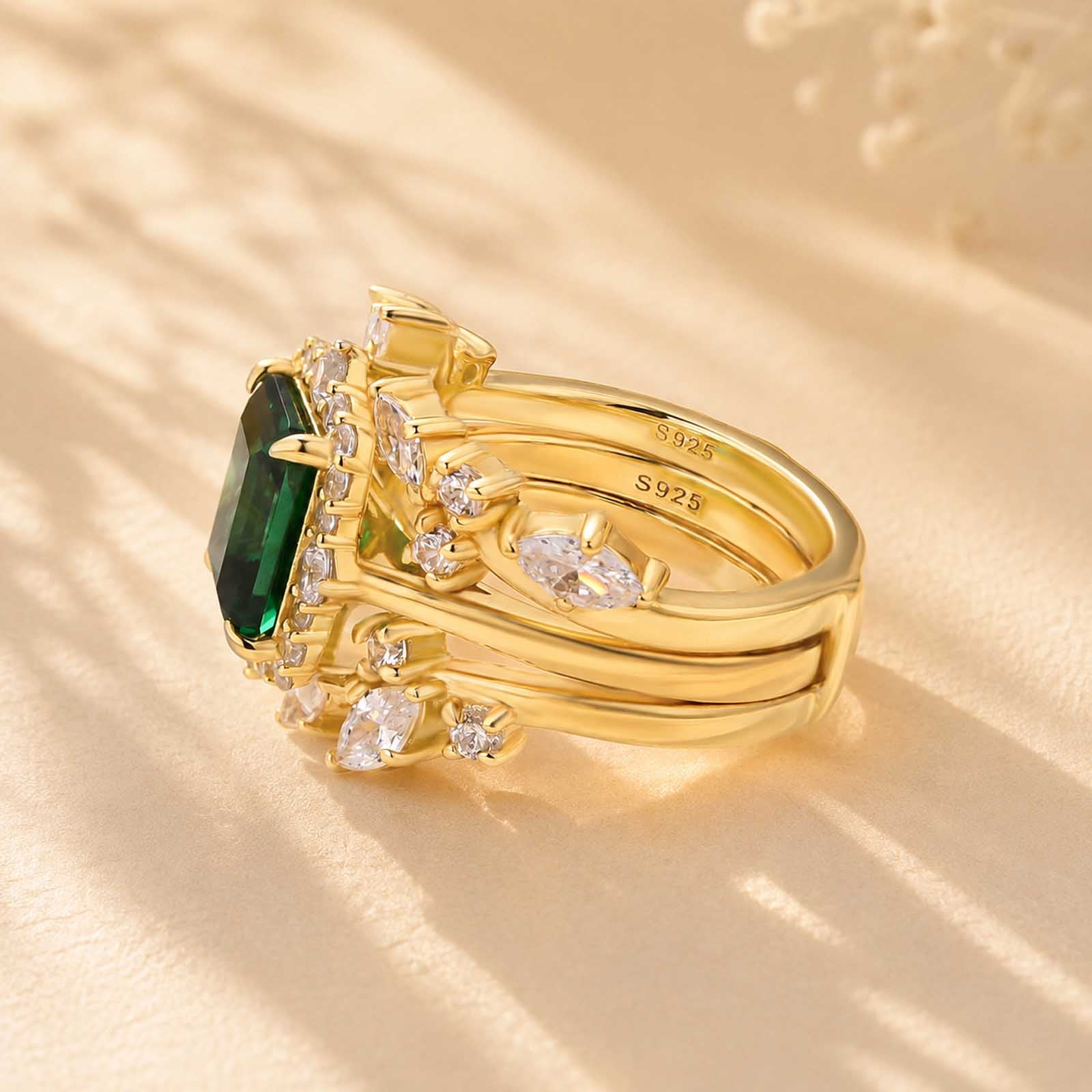S925 Halo 3.0Ct Green Emerald Cut Engagement Ring with 1.5Ct Open Enhancer Wedding Band Stackable Ring Set